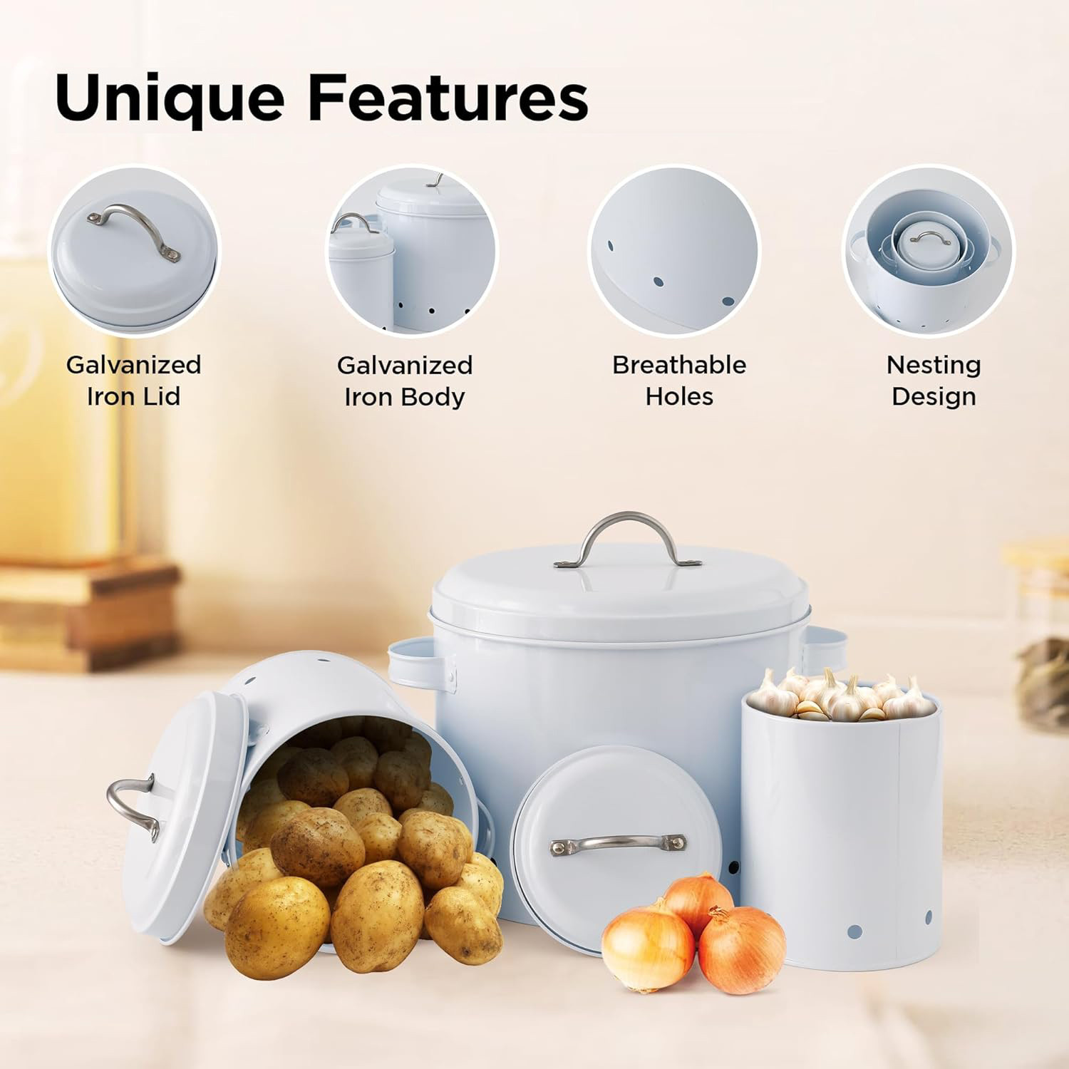 Kuber Industries Storage Box | Kitchen Stoarge Organizer | Vegetable Basket for Kitchen | Fruit Storage Containers With Handle | KY003WT | S-1800|M-3400|L-9800 | Set of 3 | White