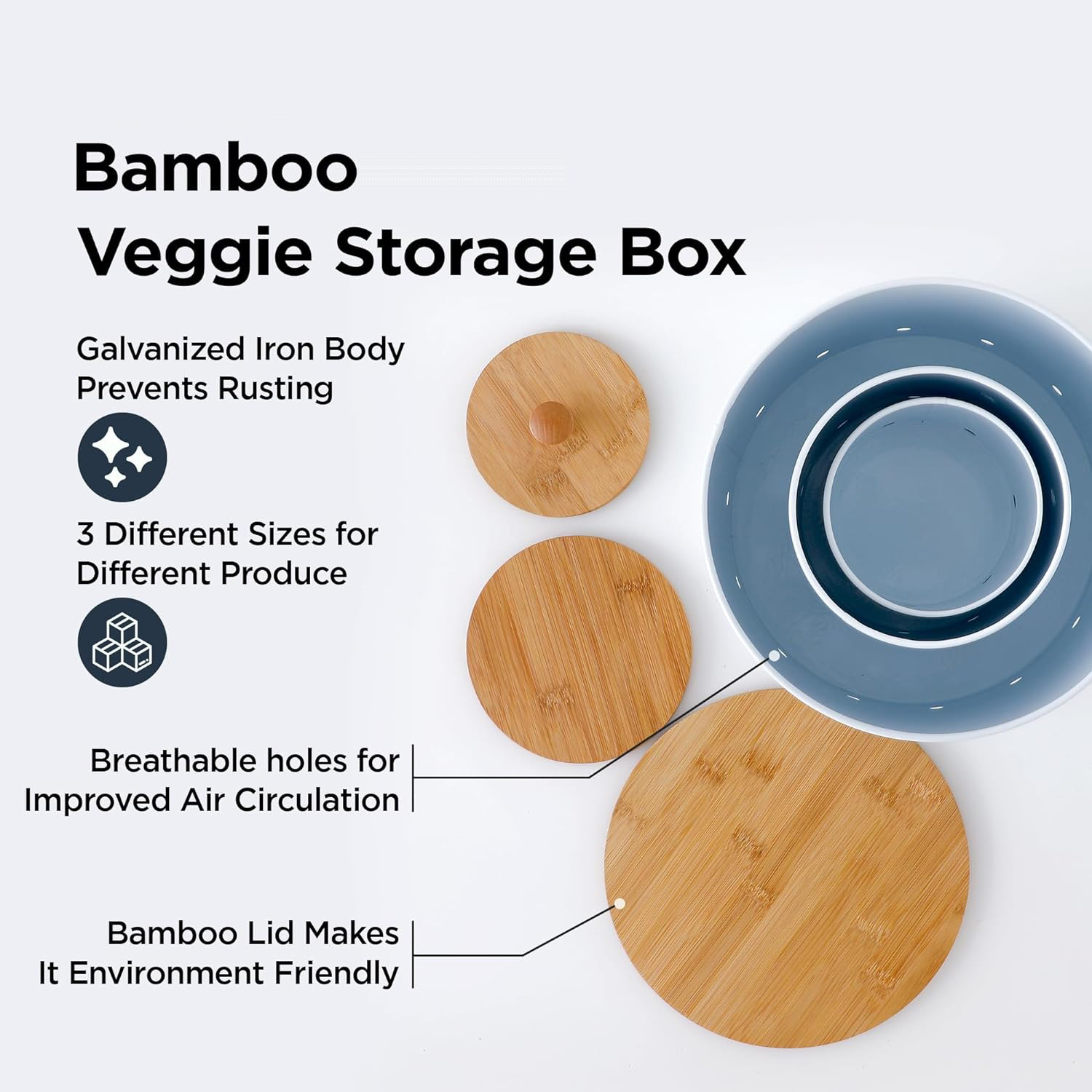 Kuber Industries Storage Box | Kitchen Stoarge Organizer | Vegetable Basket for Kitchen | Fruit Storage Containers With Bambo Lid | KY001WT | S-1800|M-3300|L-9500 | Set of 3 | White
