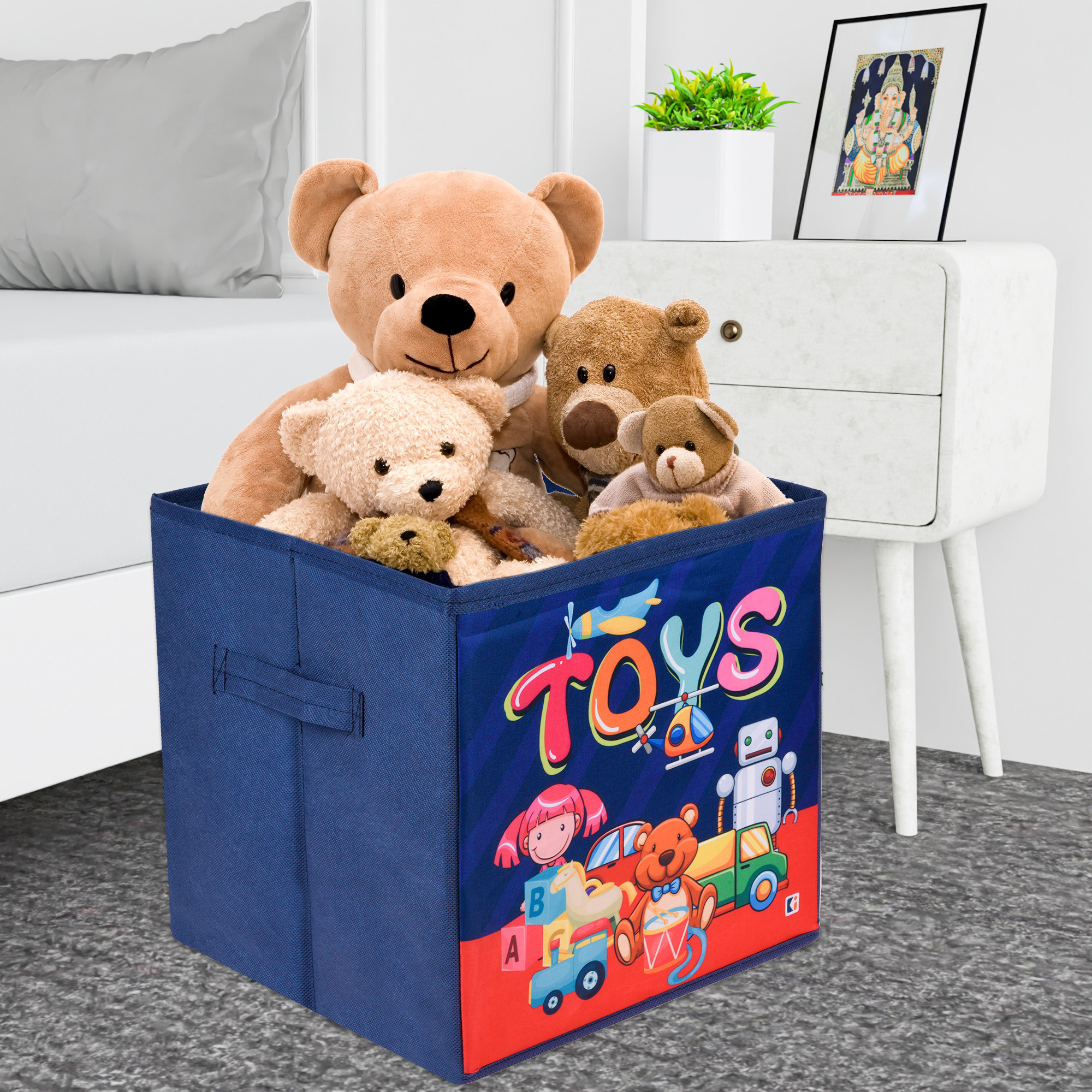 Kuber Industries Storage Box | Square Toy Storage Box | Wardrobe Organizer for Clothes-Books-Toys | Stationary Organizer | Drawer Organizer Box with Handle | Toys-Print | Navy Blue