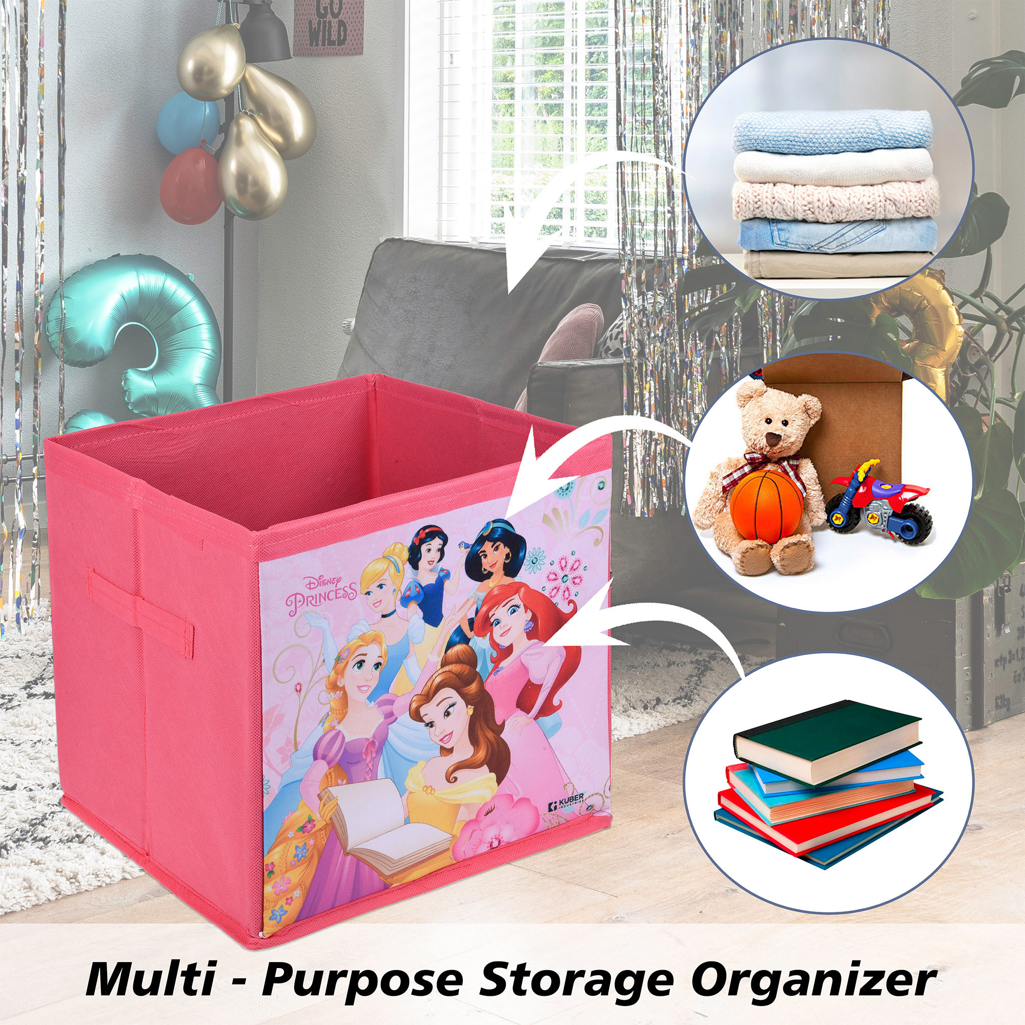 Kuber Industries Storage Box | Square Toy Storage Box | Wardrobe Organizer for Clothes-Books-Toys | Stationary Organizer | Drawer Organizer Box with Handle | Disney Princess | Pink
