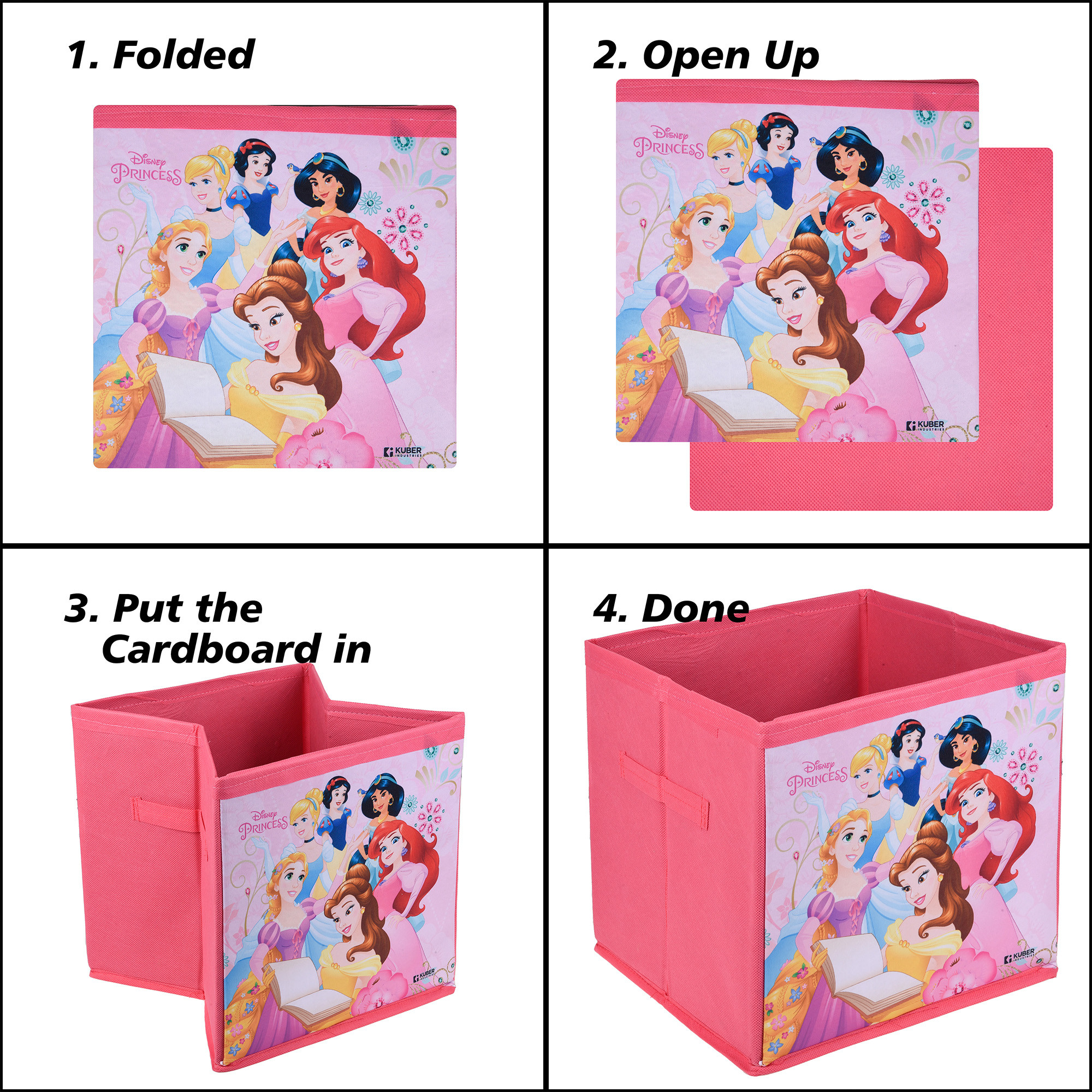 Kuber Industries Storage Box | Square Toy Storage Box | Wardrobe Organizer for Clothes-Books-Toys | Stationary Organizer | Drawer Organizer Box with Handle | Disney Princess | Pink