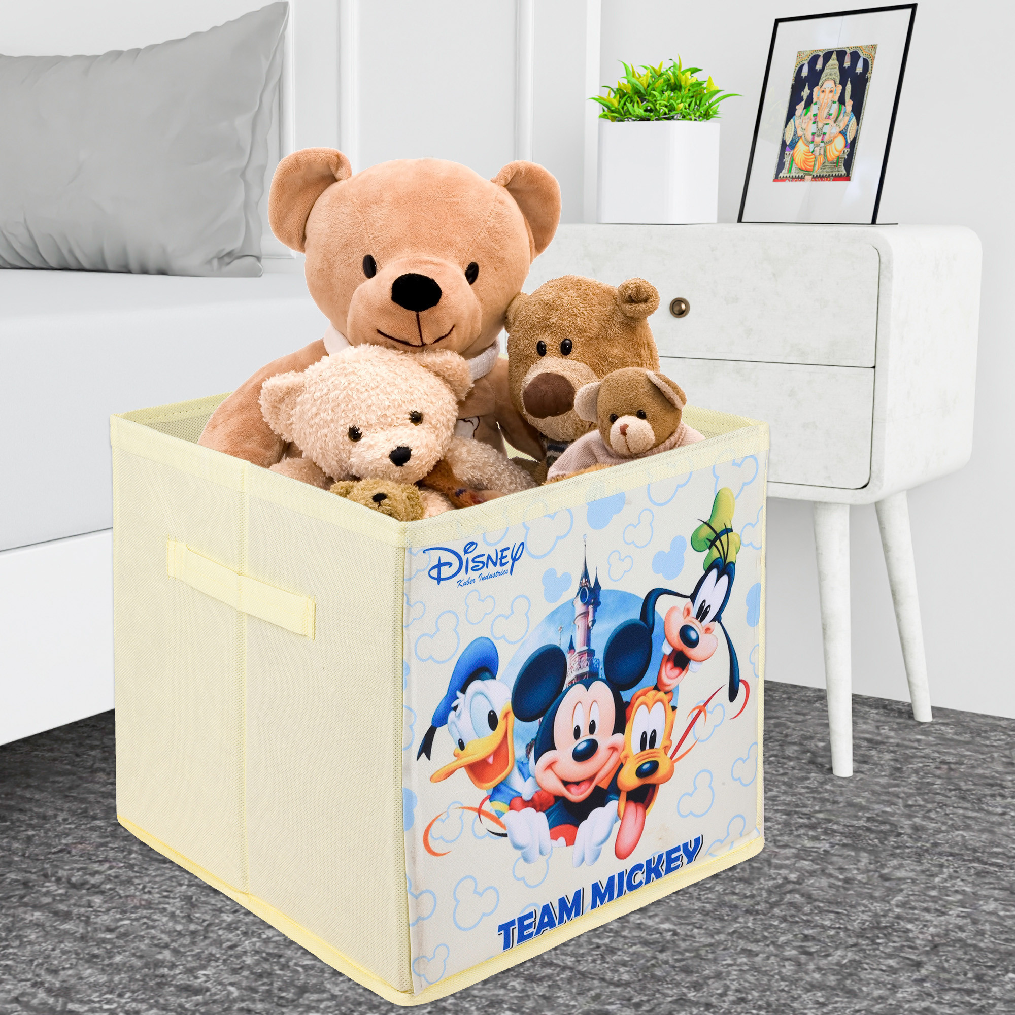 Kuber Industries Storage Box | Square Toy Storage Box | Wardrobe Organizer for Clothes-Books-Toys | Stationary Organizer | Drawer Organizer Box with Handle | Disney Team | Cream