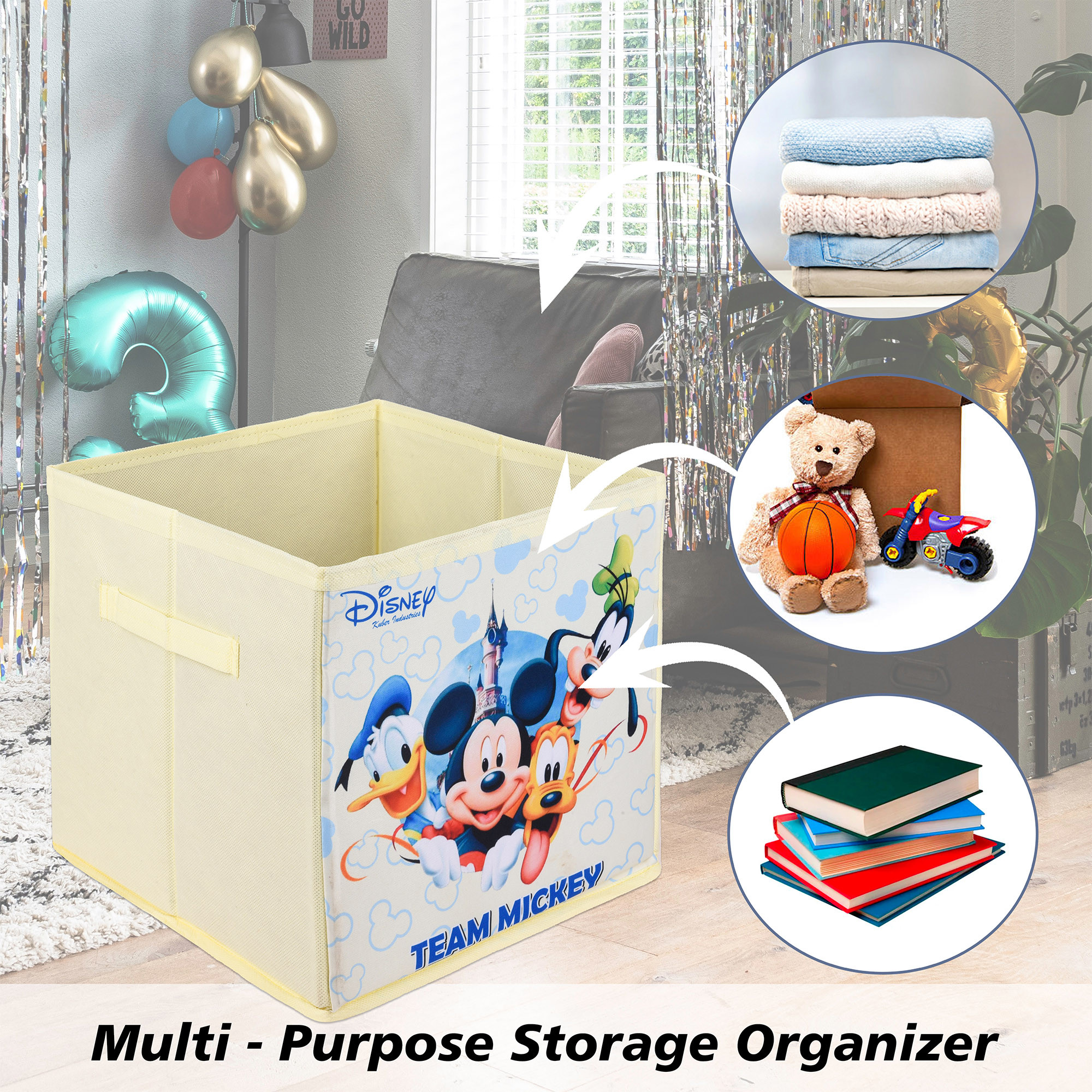 Kuber Industries Storage Box | Square Toy Storage Box | Wardrobe Organizer for Clothes-Books-Toys | Stationary Organizer | Drawer Organizer Box with Handle | Disney Team | Cream