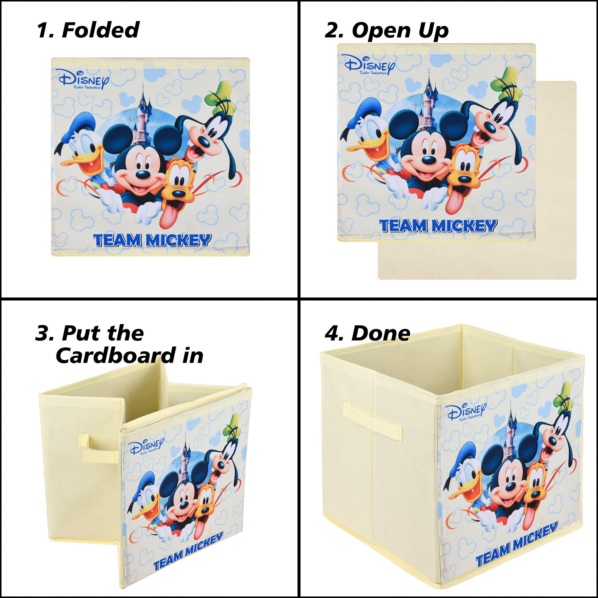 Kuber Industries Storage Box | Square Toy Storage Box | Wardrobe Organizer for Clothes-Books-Toys | Stationary Organizer | Drawer Organizer Box with Handle | Disney Team | Cream