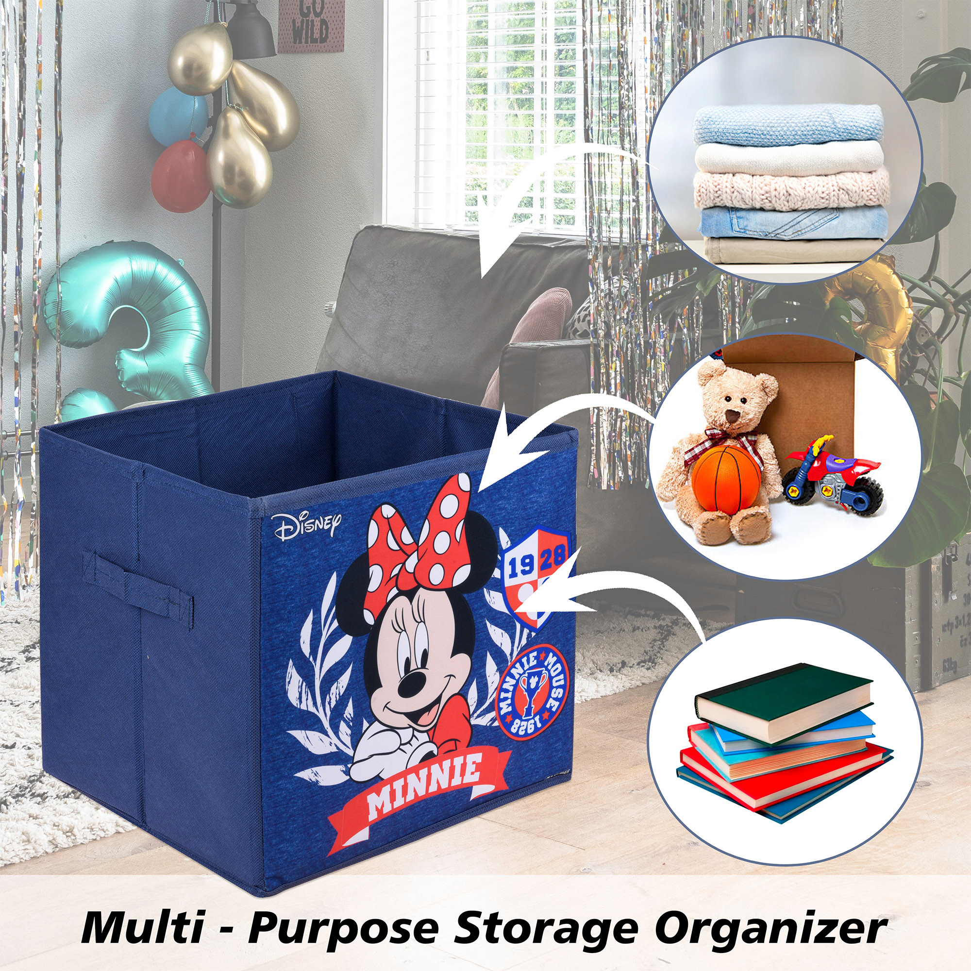 Kuber Industries Storage Box | Square Toy Storage Box | Wardrobe Organizer for Clothes-Books-Toys | Stationary Organizer | Drawer Organizer Box with Handle | Disney Minnie | Navy Blue