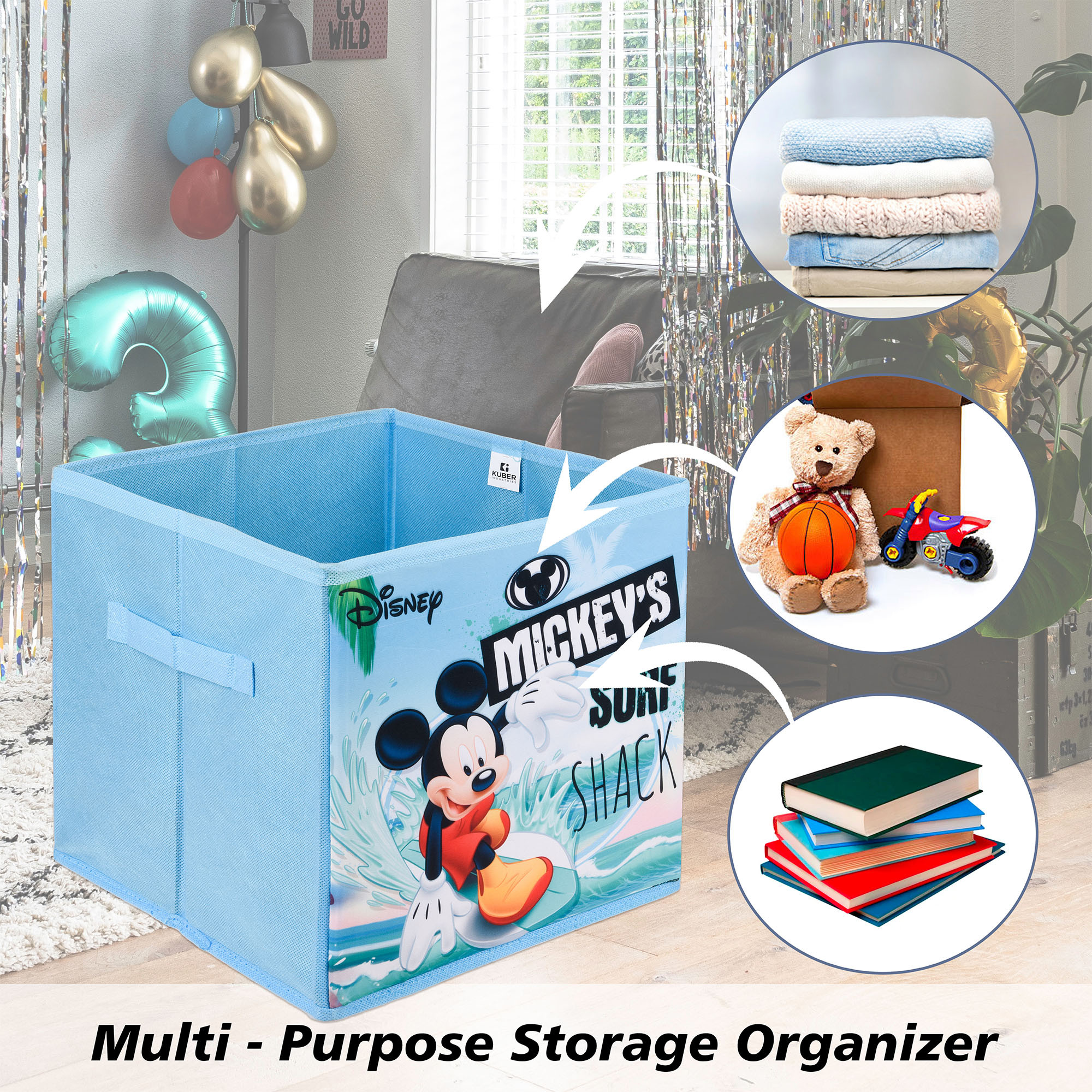 Kuber Industries Storage Box | Square Toy Storage Box | Wardrobe Organizer for Clothes-Books-Toys | Stationary Organizer | Drawer Organizer Box with Handle | Disney Mickey | Sky Blue