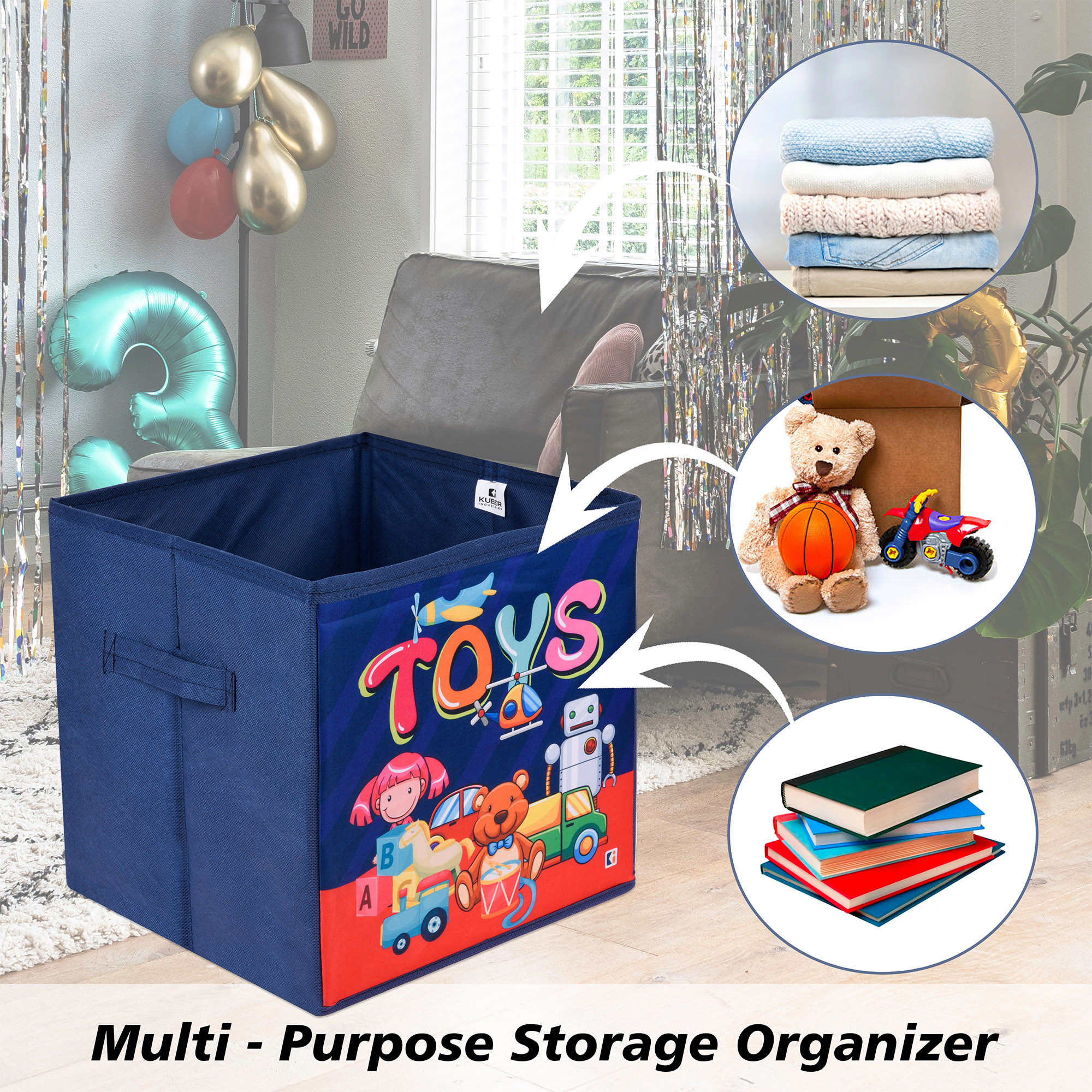 Kuber Industries Storage Box | Square Toy Storage Box | Wardrobe Organizer for Clothes-Books-Toys | Stationary Organizer | Drawer Organizer Box with Handle | Disney-Print | Navy Blue & Blue