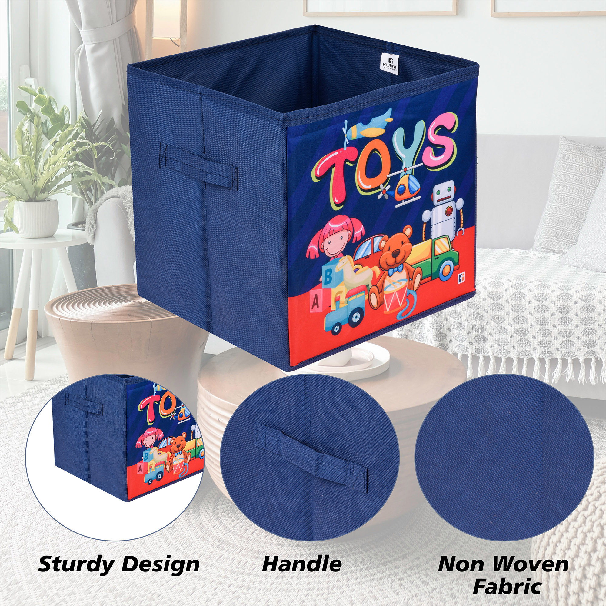 Kuber Industries Storage Box | Square Toy Storage Box | Wardrobe Organizer for Clothes-Books-Toys | Stationary Organizer | Drawer Organizer Box with Handle | Disney-Print | Navy Blue & Blue