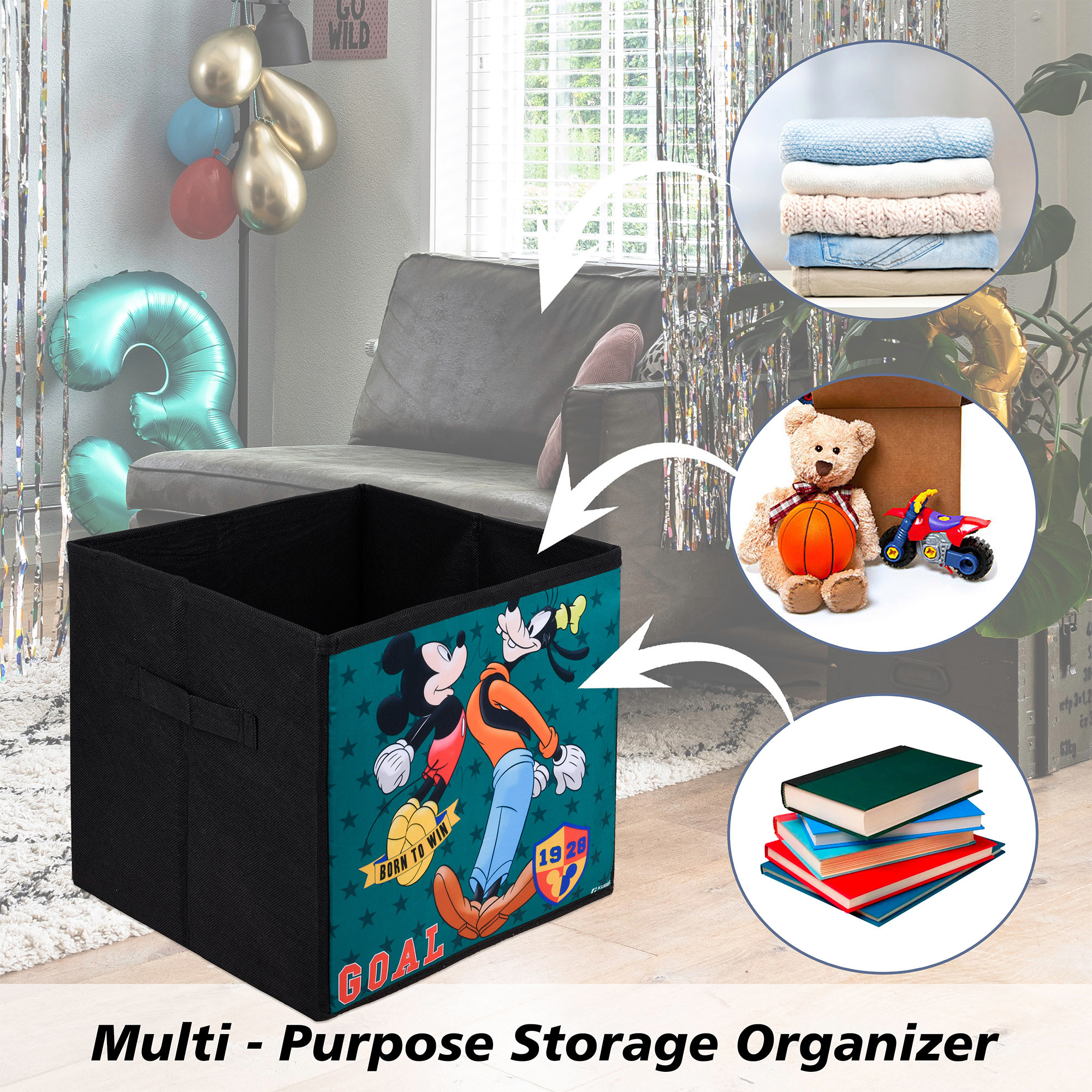 Kuber Industries Storage Box | Square Toy Storage Box | Wardrobe Organizer for Clothes-Books-Toys | Stationary Organizer | Drawer Organizer Box with Handle | Disney-Print | Black & Blue