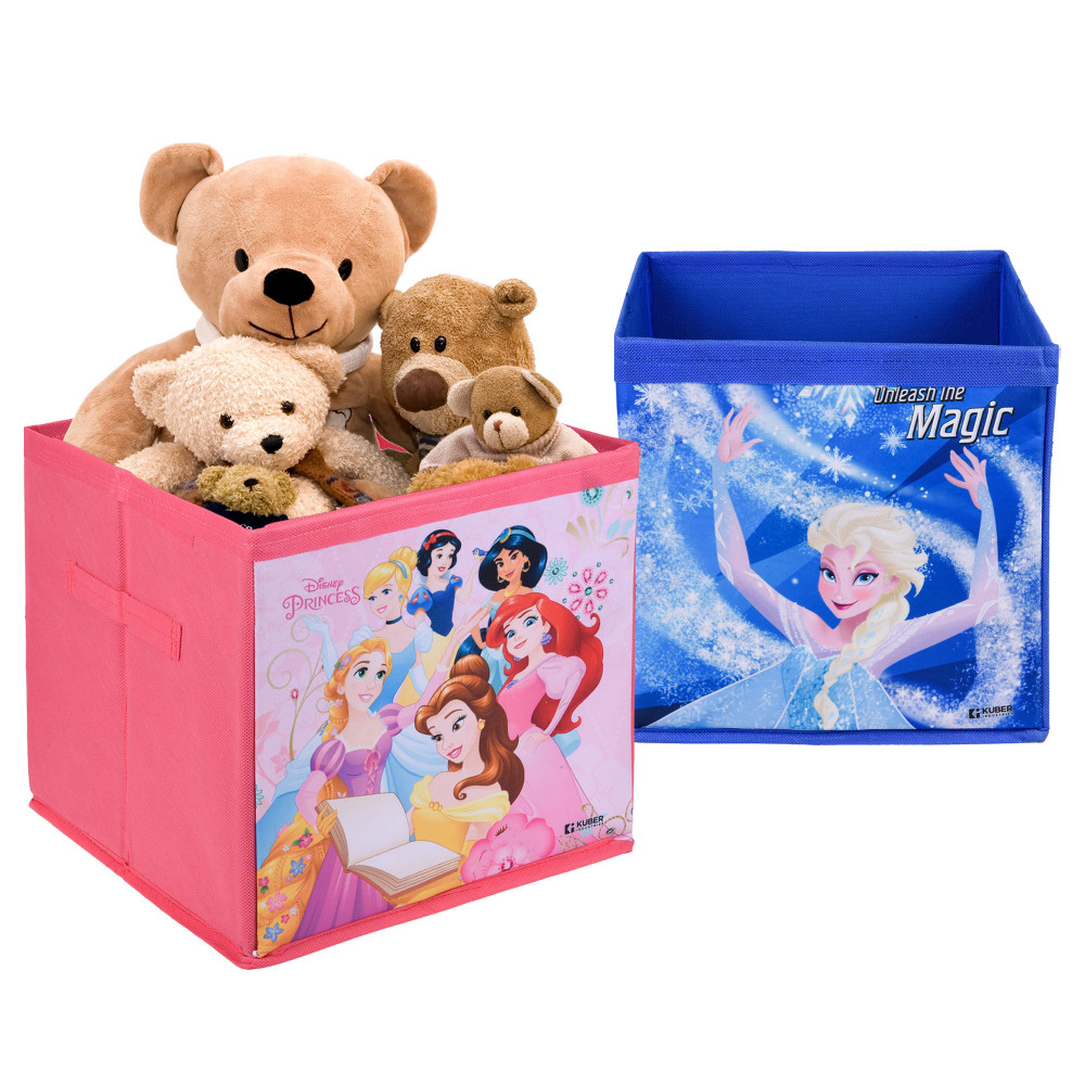 Kuber Industries Storage Box | Square Toy Storage Box | Wardrobe Organizer for Clothes-Books-Toys | Stationary Organizer | Drawer Organizer Box with Handle | Disney-Print | Pink &amp; Blue