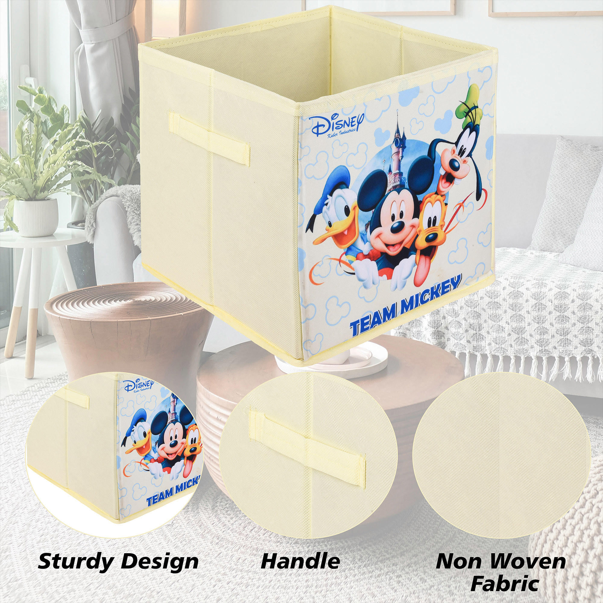 Kuber Industries Storage Box | Square Toy Storage Box | Wardrobe Organizer for Clothes-Books-Toys | Stationary Organizer | Drawer Organizer Box with Handle | Disney-Print | Cream & Navy Blue