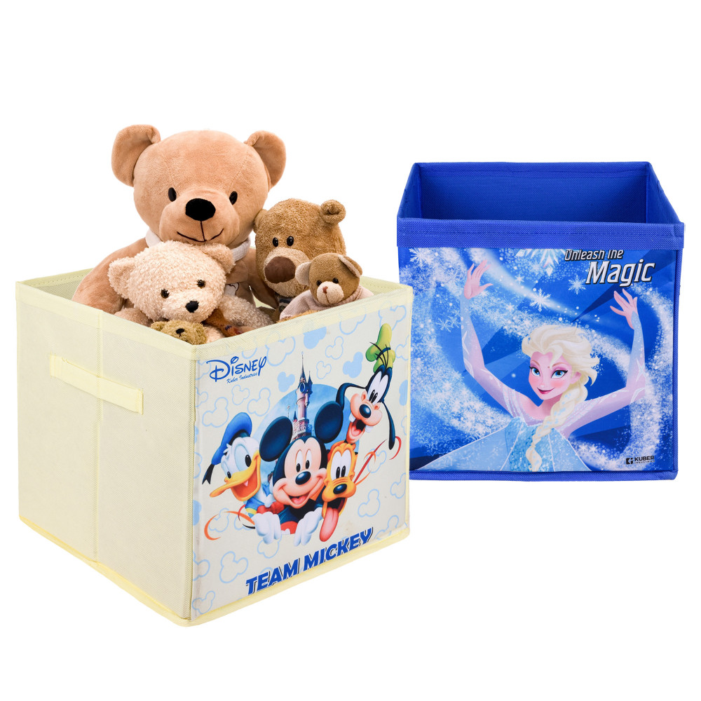 Kuber Industries Storage Box | Square Toy Storage Box | Wardrobe Organizer for Clothes-Books-Toys | Stationary Organizer | Drawer Organizer Box with Handle | Disney-Print | Cream &amp; Blue