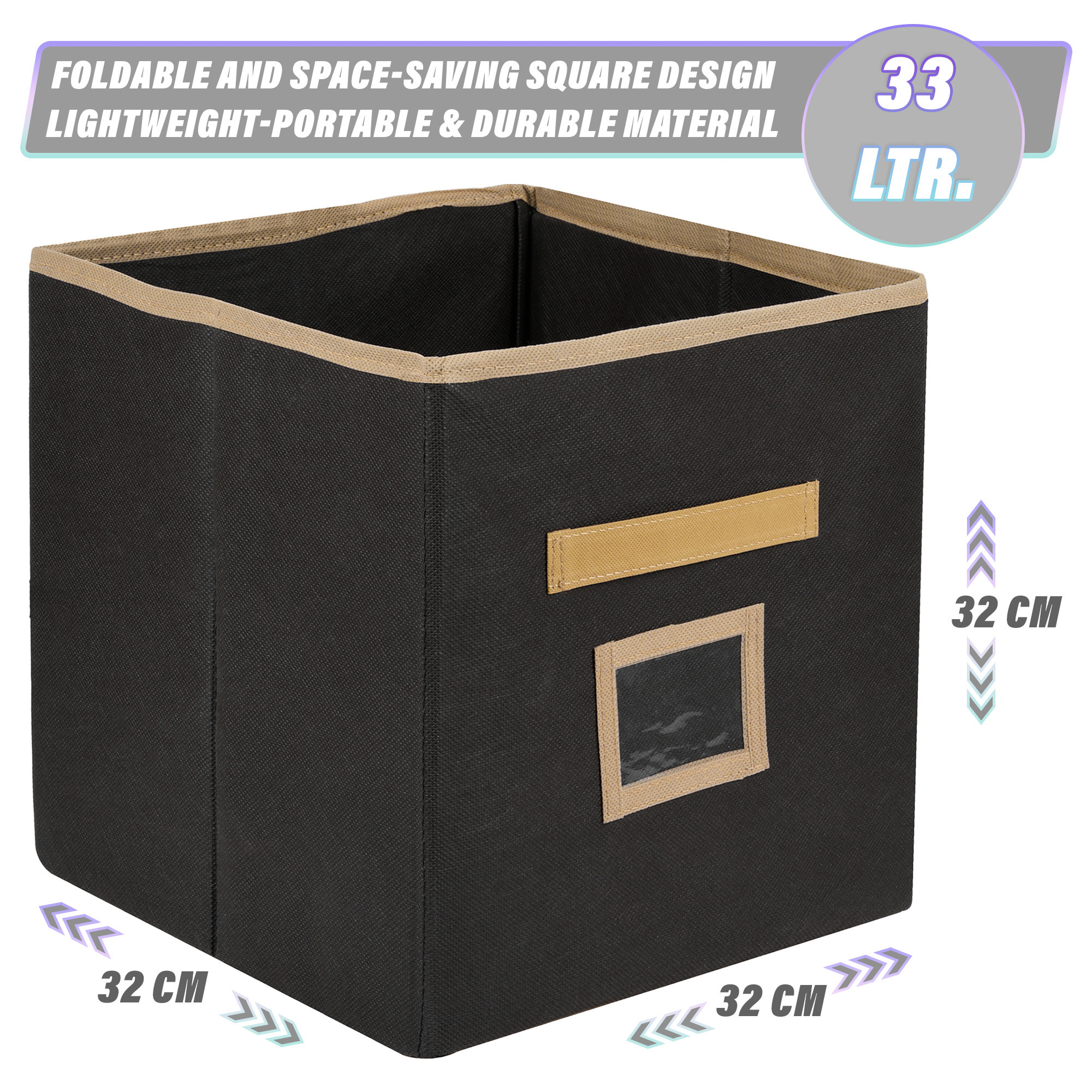 Kuber Industries Storage Box | Square Toy Storage Box | Wardrobe Organizer for Clothes-Books-Toys | Stationary Organizer | Drawer Organizer Box with Handle & Name Pocket | Black