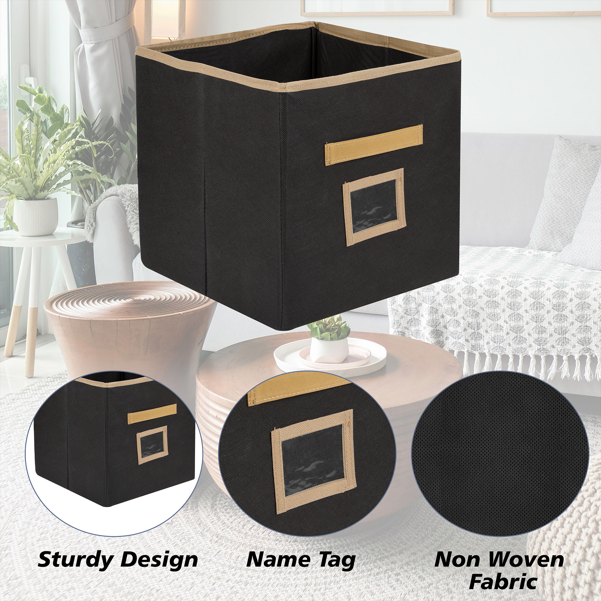 Kuber Industries Storage Box | Square Toy Storage Box | Wardrobe Organizer for Clothes-Books-Toys | Stationary Organizer | Drawer Organizer Box with Handle & Name Pocket | Black