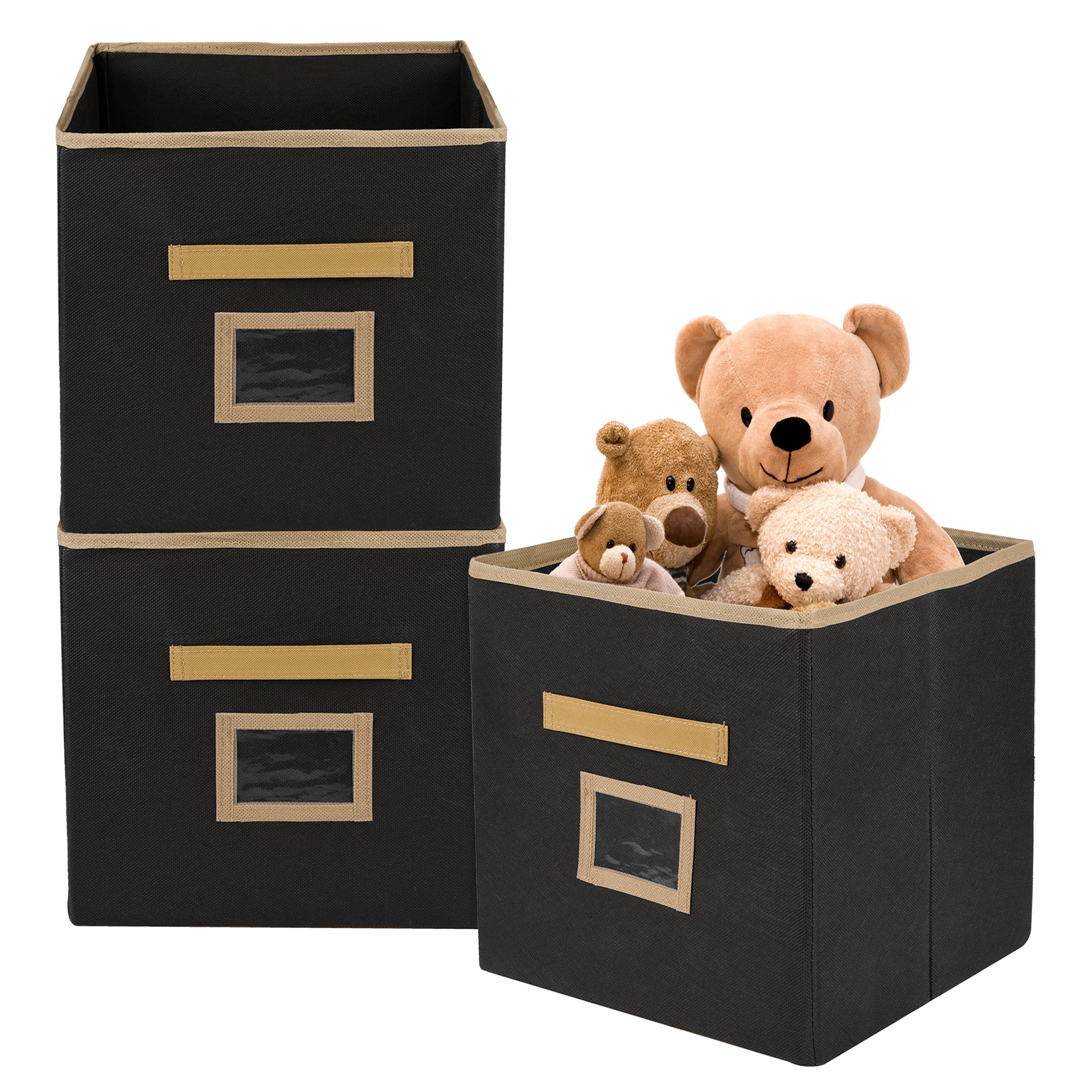 Kuber Industries Storage Box | Square Toy Storage Box | Wardrobe Organizer for Clothes-Books-Toys | Stationary Organizer | Drawer Organizer Box with Handle & Name Pocket | Black