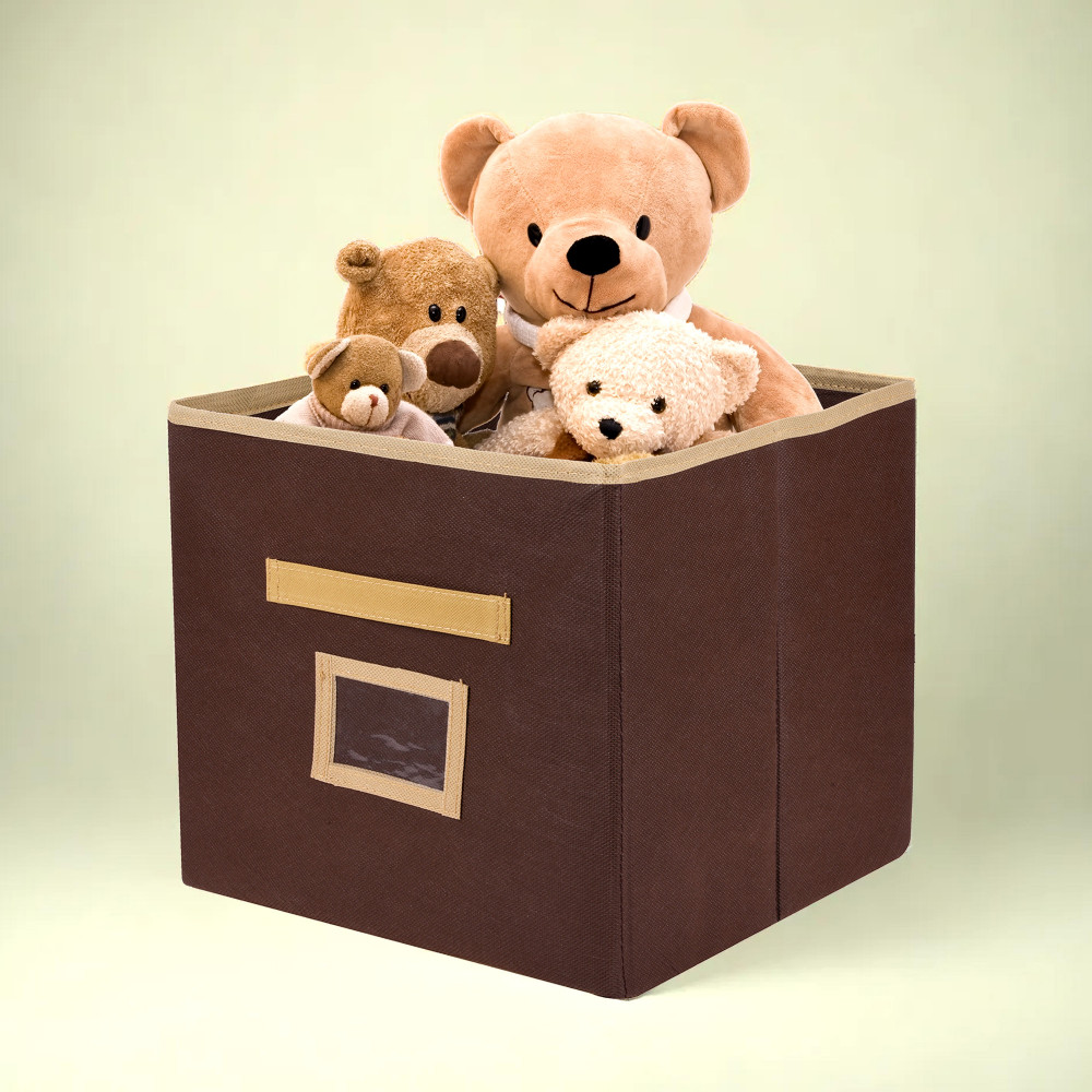 Kuber Industries Storage Box | Square Toy Storage Box | Wardrobe Organizer for Clothes-Books-Toys | Stationary Organizer | Drawer Organizer Box with Handle &amp; Name Pocket | Brown