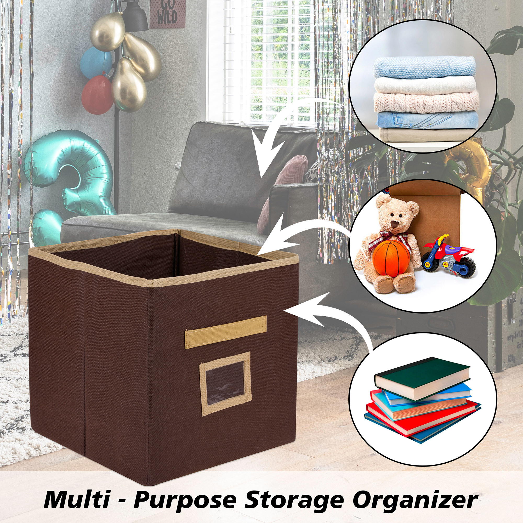 Kuber Industries Storage Box | Square Toy Storage Box | Wardrobe Organizer for Clothes-Books-Toys | Stationary Organizer | Drawer Organizer Box with Handle & Name Pocket | Brown