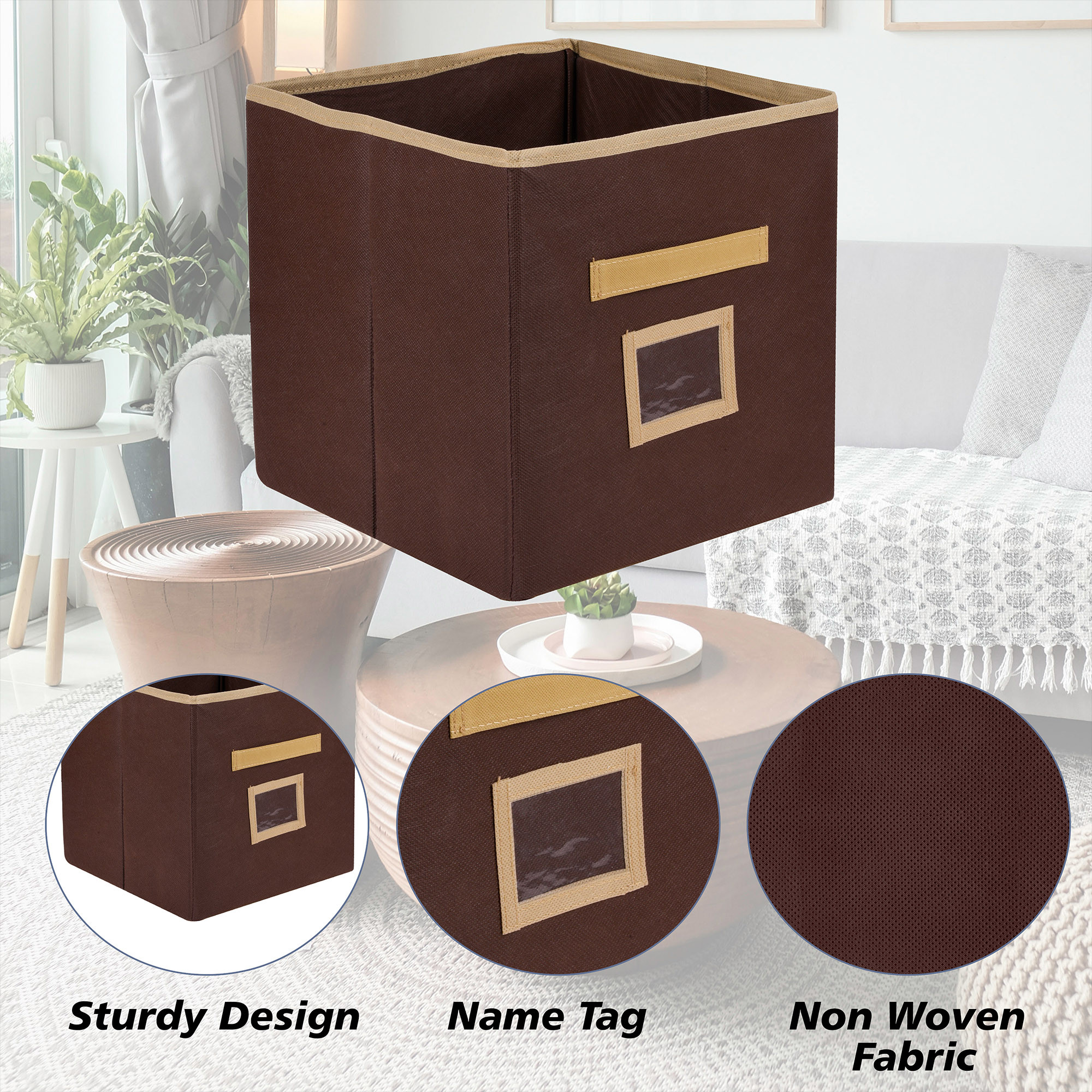 Kuber Industries Storage Box | Square Toy Storage Box | Wardrobe Organizer for Clothes-Books-Toys | Stationary Organizer | Drawer Organizer Box with Handle & Name Pocket | Brown