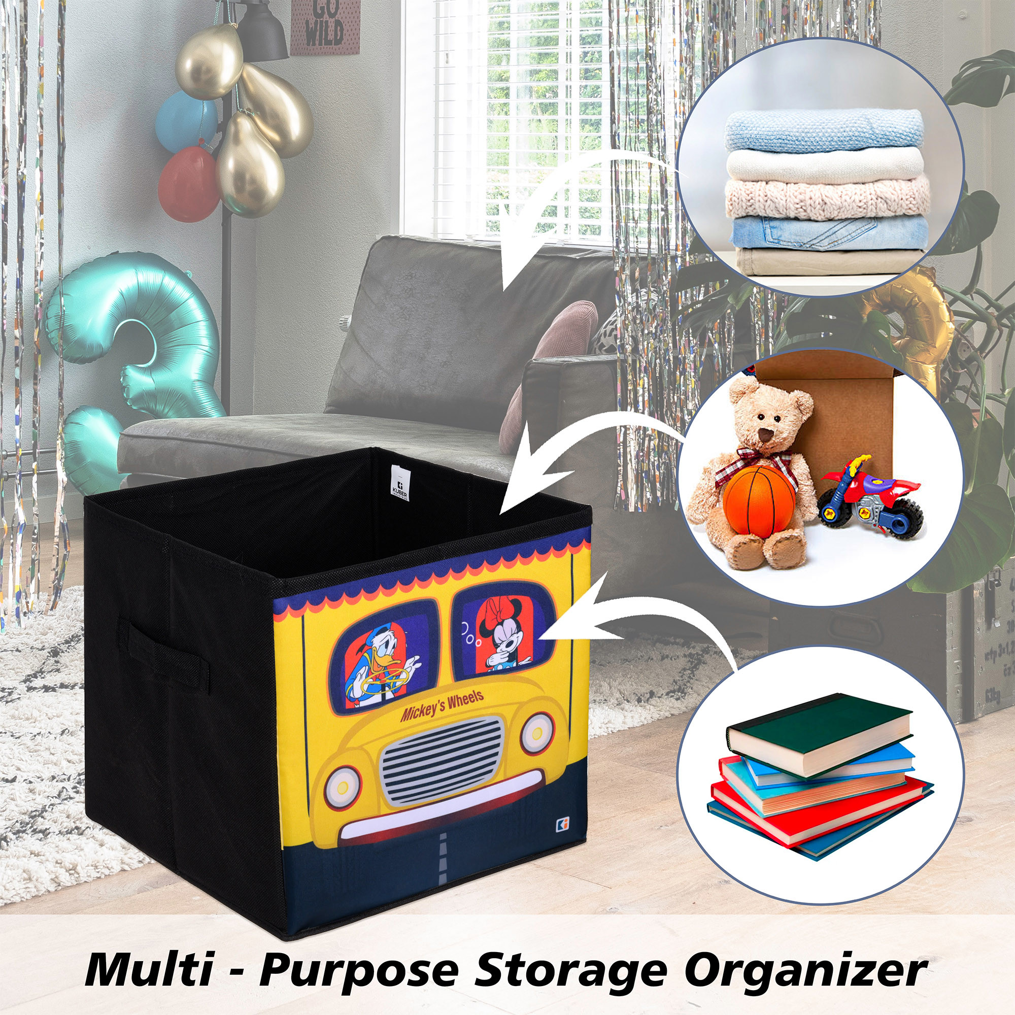 Kuber Industries Storage Box  Square Toy Storage Box  Wardrobe Organizer for Clothes-Books-Toys-Stationary  Drawer Organizer Box with Handle  Disney Mickey Wheels  Black  Yellow