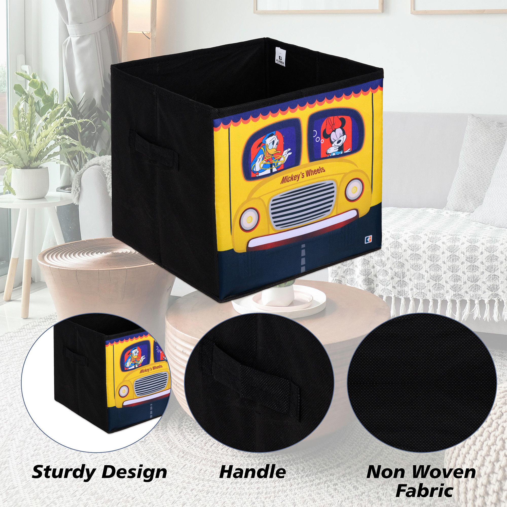 Kuber Industries Storage Box  Square Toy Storage Box  Wardrobe Organizer for Clothes-Books-Toys-Stationary  Drawer Organizer Box with Handle  Disney Mickey Wheels  Black  Yellow
