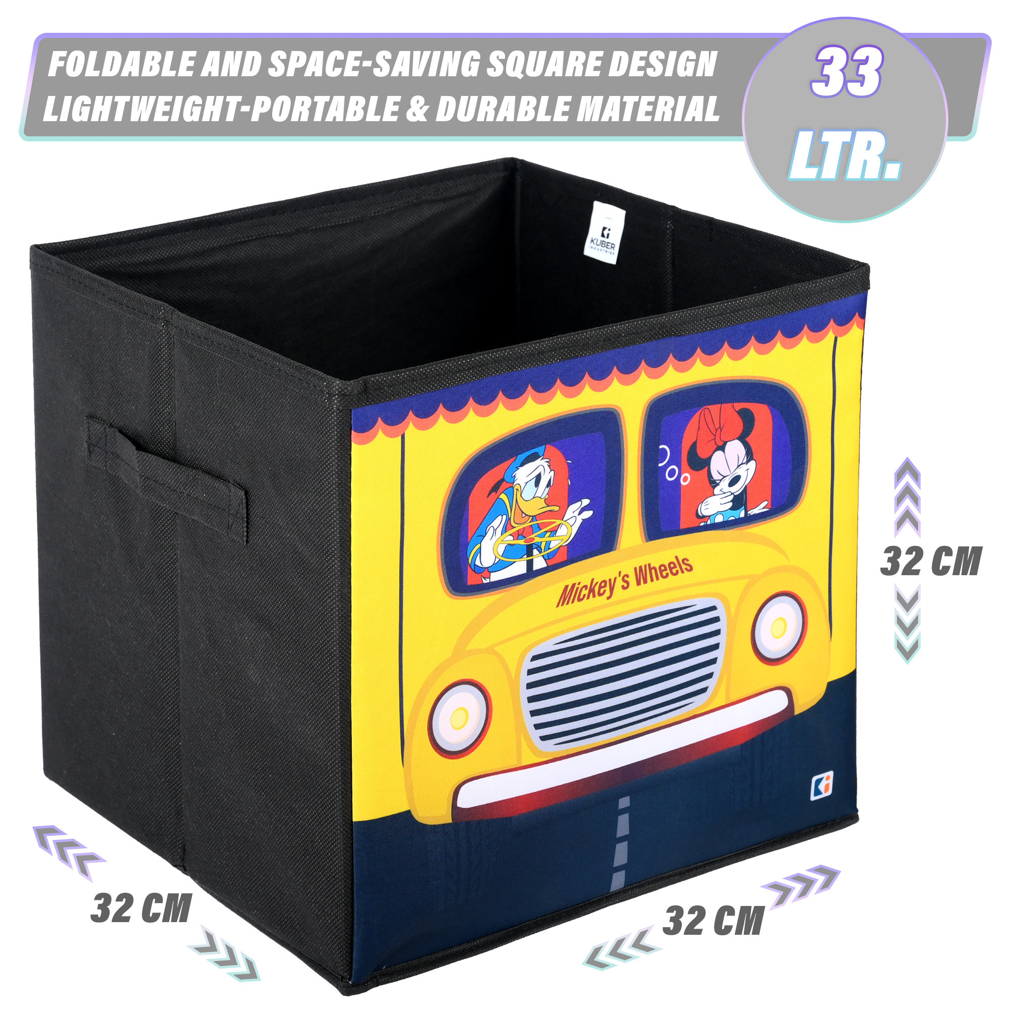 Kuber Industries Storage Box | Square Toy Storage Box | Wardrobe Organizer for Clothes-Books-Toys-Stationary | Drawer Organizer Box with Handle | Disney Mickey Wheels | Black & Yellow