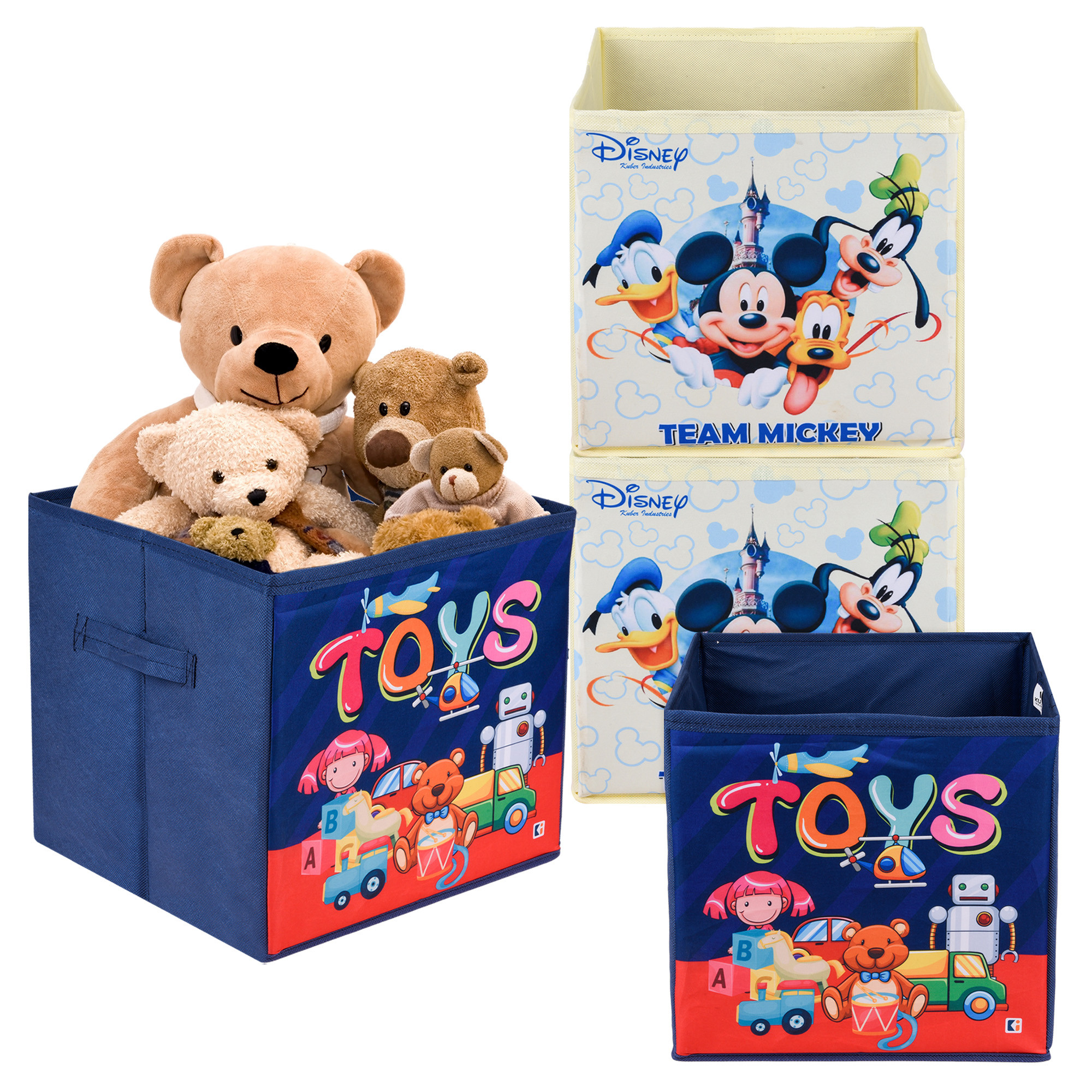 Kuber Industries Storage Box | Square Toy Storage Box | Wardrobe Organizer for Clothes-Books-Toys-Stationary | Drawer Organizer Box with Handle | Disney-Print | Navy Blue & Cream