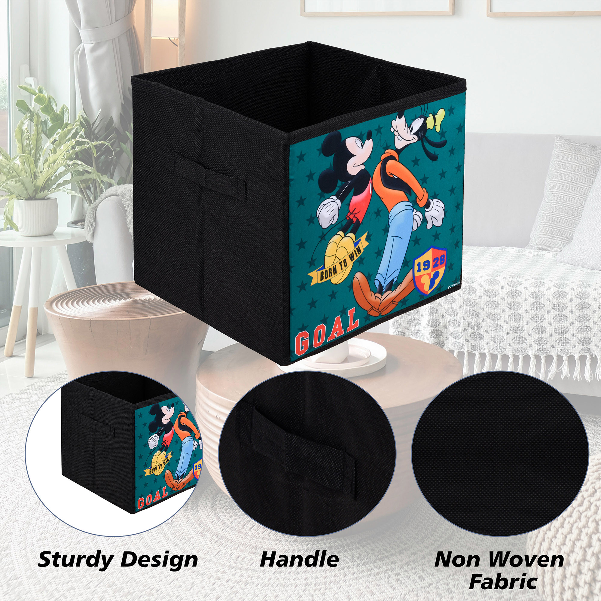 Kuber Industries Storage Box | Square Toy Storage Box | Wardrobe Organizer for Clothes-Books-Toys-Stationary | Drawer Organizer Box with Handle | Disney-Print | Black & Sky Blue