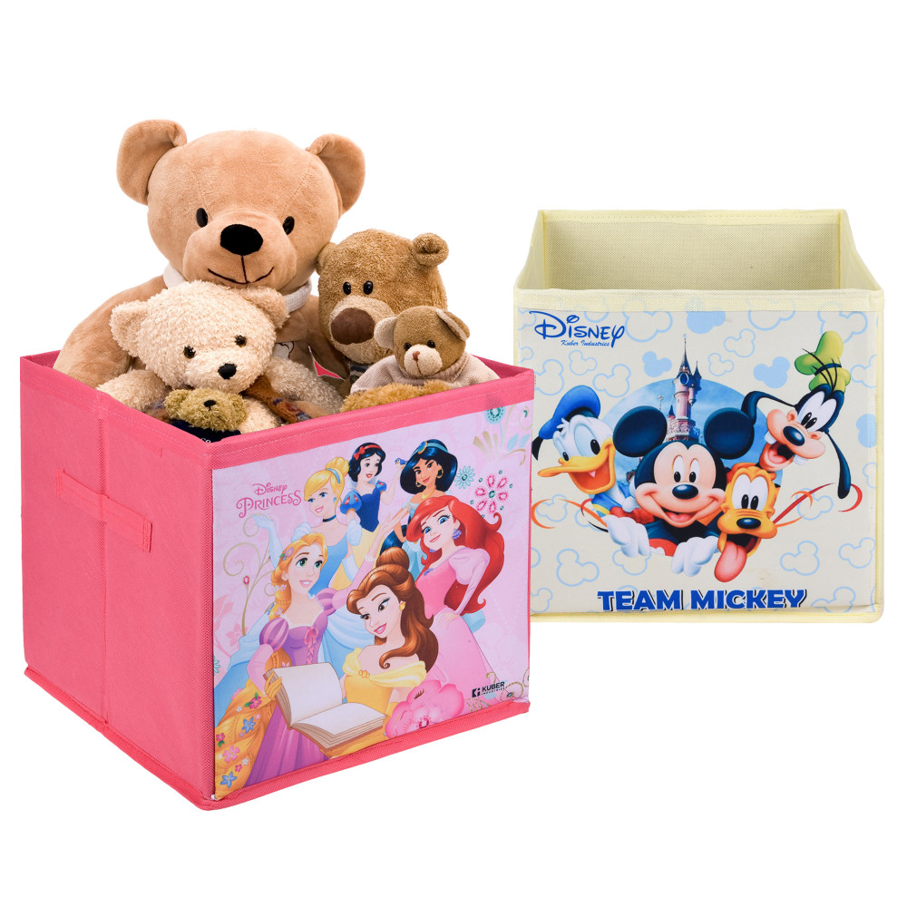 Kuber Industries Storage Box | Square Toy Storage Box | Wardrobe Organizer for Clothes-Books-Toys-Stationary | Drawer Organizer Box with Handle | Disney-Print | Pink &amp; Cream