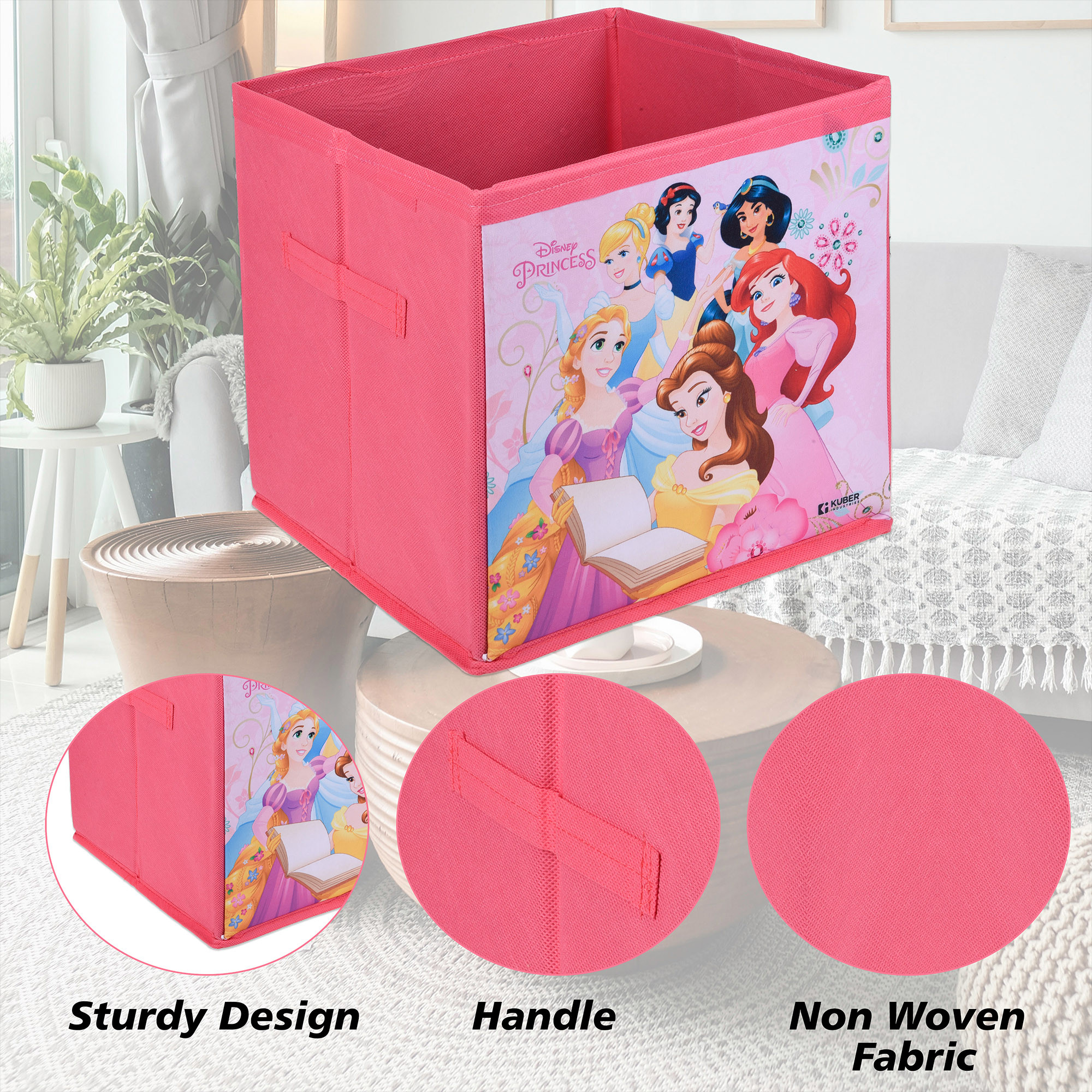 Kuber Industries Storage Box | Square Toy Storage Box | Wardrobe Organizer for Clothes-Books-Toys-Stationary | Drawer Organizer Box with Handle | Disney-Print | Pink & Cream