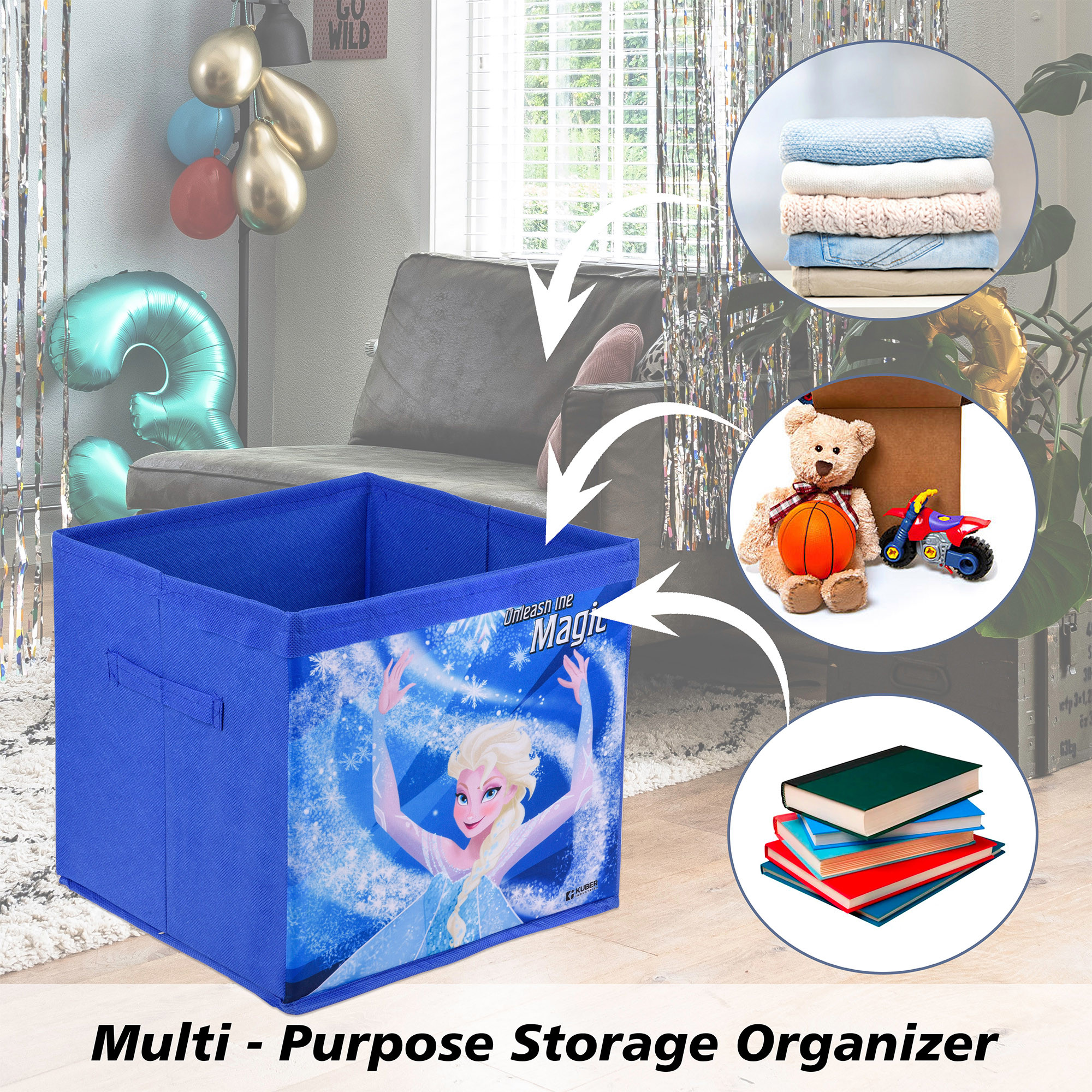 Kuber Industries Storage Box | Square Toy Storage Box | Wardrobe Organizer for Clothes-Books-Toys-Stationary | Drawer Organizer Box with Handle | Disney-Print | Blue & Sky Blue