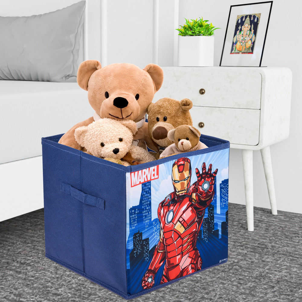 Kuber Industries Storage Box | Square Toy Storage Box | Wardrobe Organizer for Clothes-Books-Toys-Stationary | Drawer Organizer Box with Handle | Marvel Ironman | Navy Blue