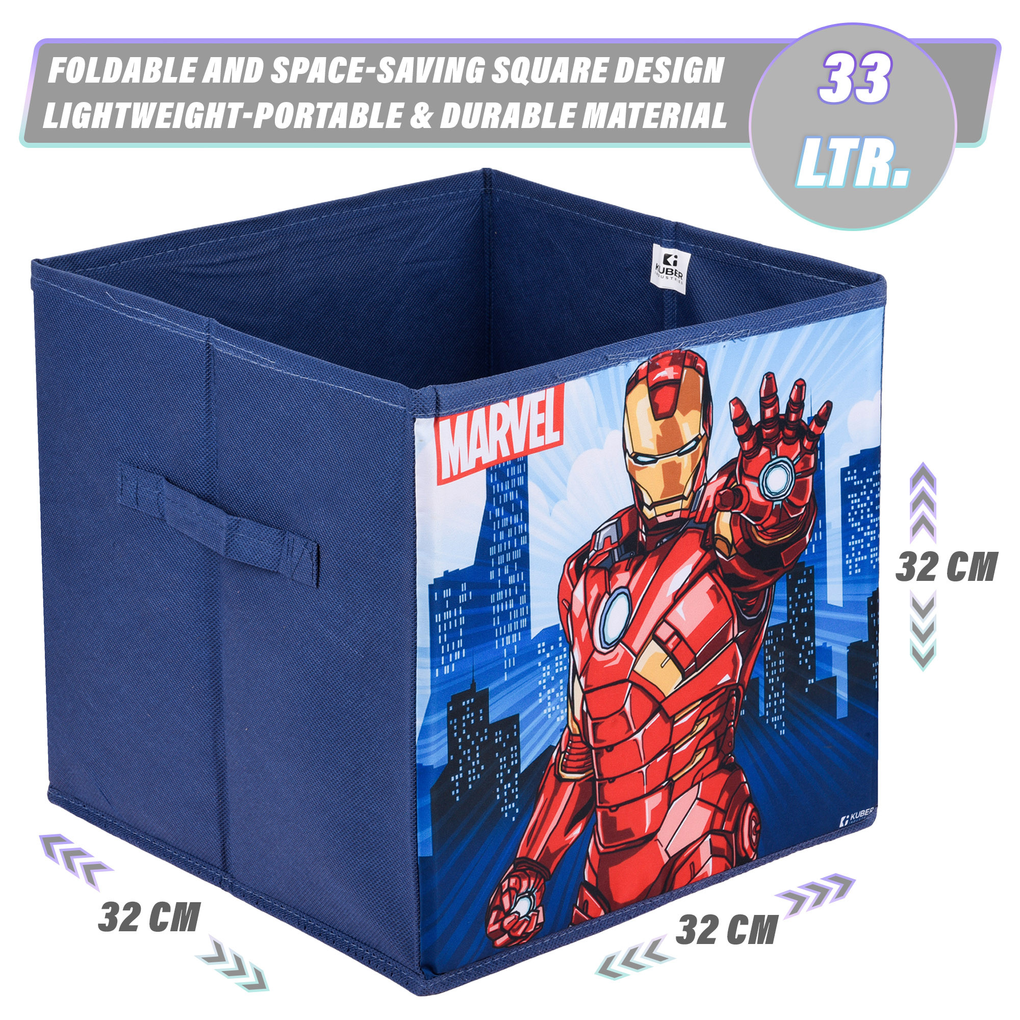 Kuber Industries Storage Box | Square Toy Storage Box | Wardrobe Organizer for Clothes-Books-Toys-Stationary | Drawer Organizer Box with Handle | Marvel Ironman | Navy Blue