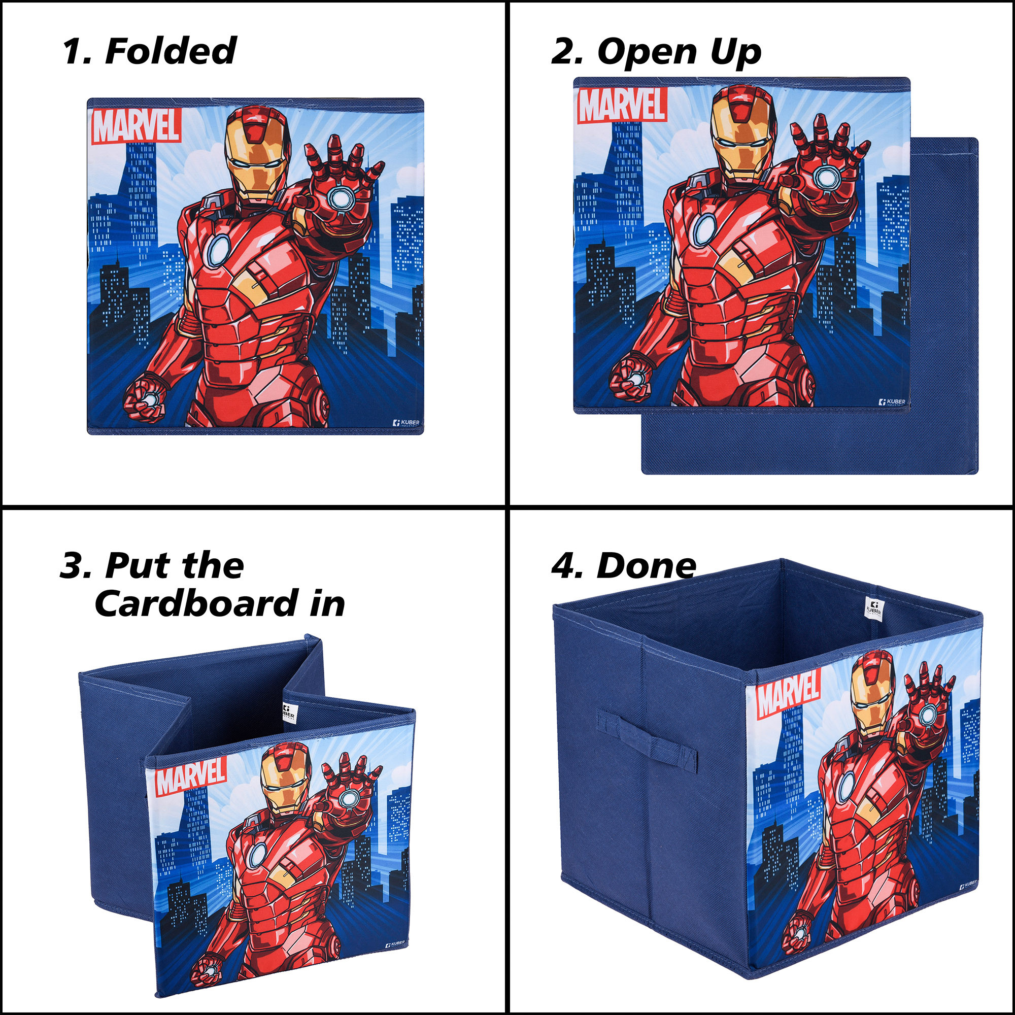 Kuber Industries Storage Box | Square Toy Storage Box | Wardrobe Organizer for Clothes-Books-Toys-Stationary | Drawer Organizer Box with Handle | Marvel Ironman | Navy Blue