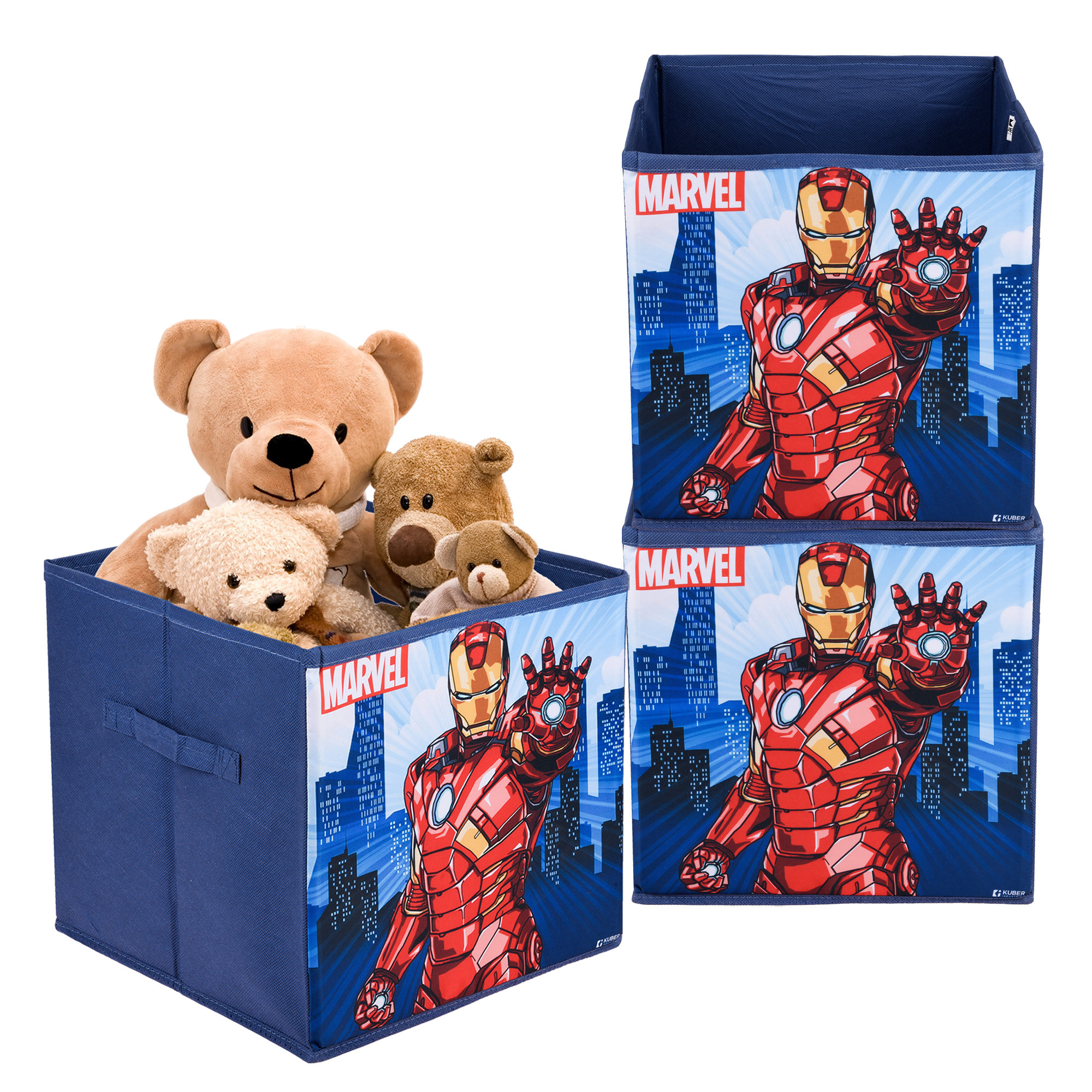 Kuber Industries Storage Box | Square Toy Storage Box | Wardrobe Organizer for Clothes-Books-Toys-Stationary | Drawer Organizer Box with Handle | Marvel Ironman | Navy Blue