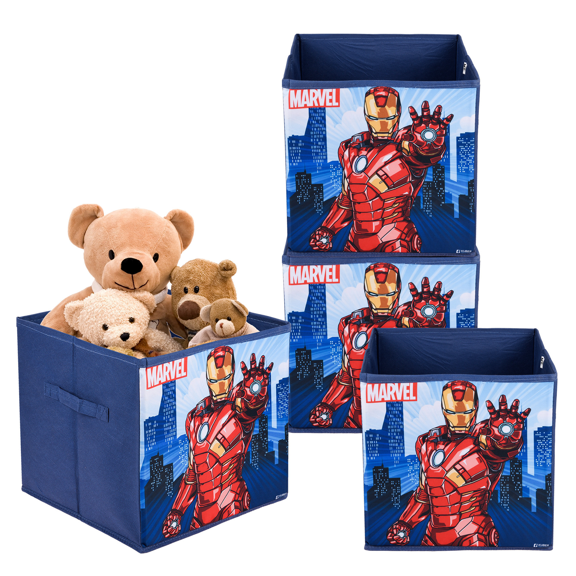 Kuber Industries Storage Box | Square Toy Storage Box | Wardrobe Organizer for Clothes-Books-Toys-Stationary | Drawer Organizer Box with Handle | Marvel Ironman | Navy Blue