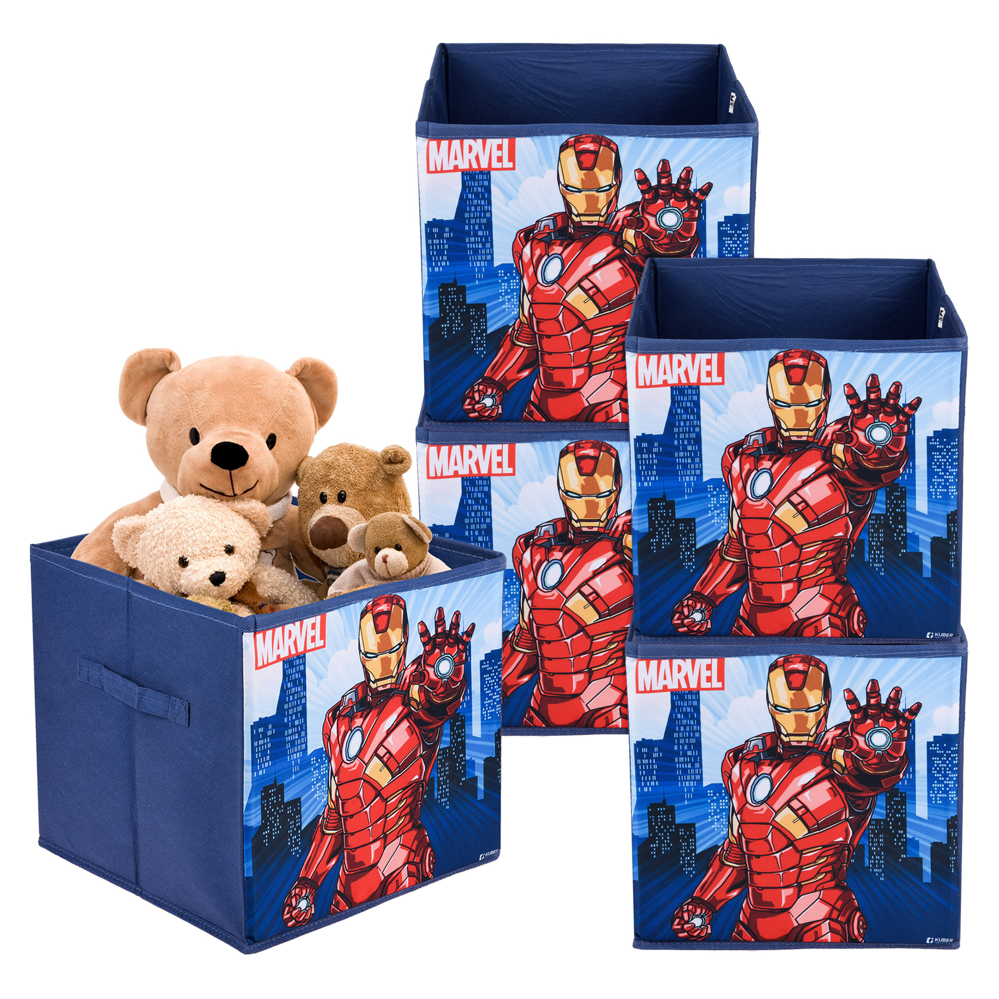 Kuber Industries Storage Box | Square Toy Storage Box | Wardrobe Organizer for Clothes-Books-Toys-Stationary | Drawer Organizer Box with Handle | Marvel Ironman | Navy Blue