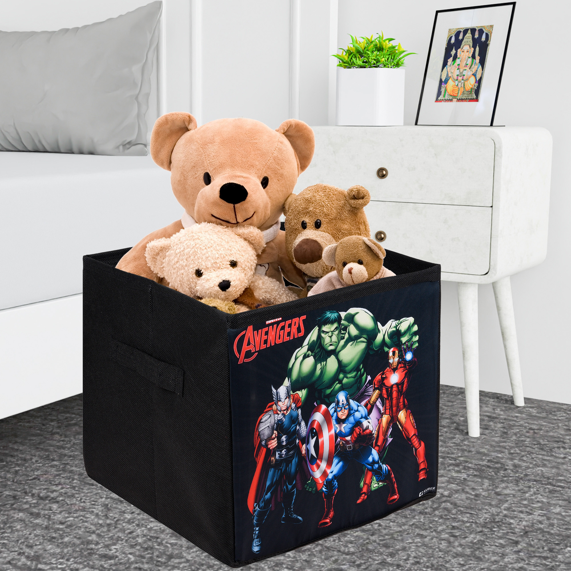 Kuber Industries Storage Box | Square Toy Storage Box | Wardrobe Organizer for Clothes-Books-Toys-Stationary | Drawer Organizer Box with Handle | Marvel Avengers | Black