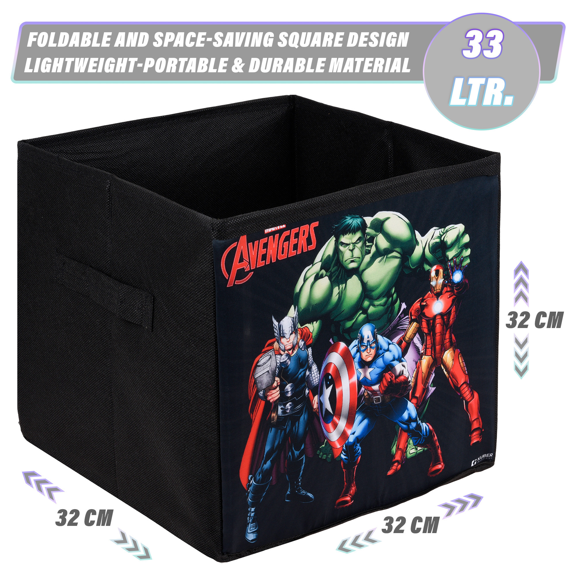 Kuber Industries Storage Box | Square Toy Storage Box | Wardrobe Organizer for Clothes-Books-Toys-Stationary | Drawer Organizer Box with Handle | Marvel Avengers | Black