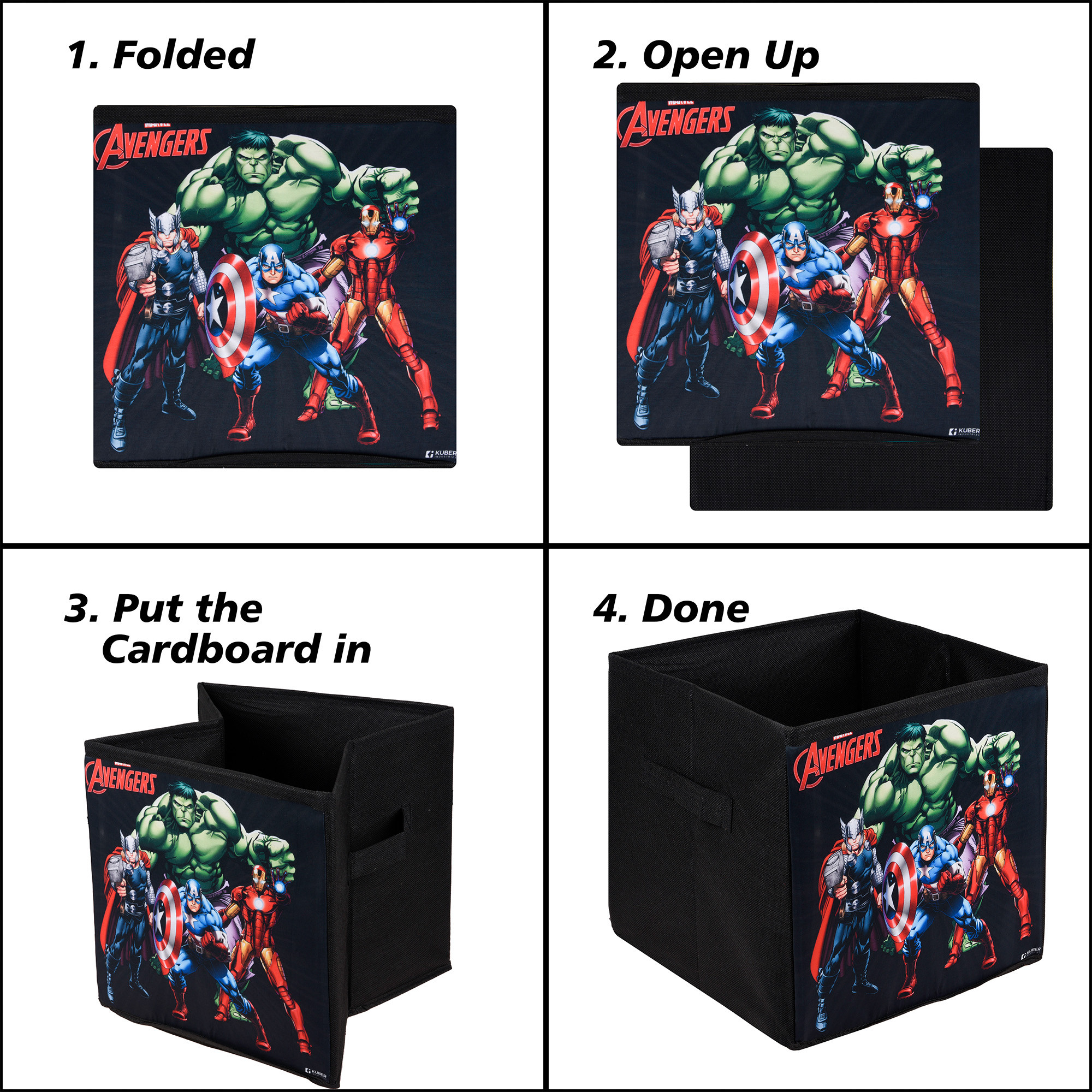 Kuber Industries Storage Box | Square Toy Storage Box | Wardrobe Organizer for Clothes-Books-Toys-Stationary | Drawer Organizer Box with Handle | Marvel Avengers | Black