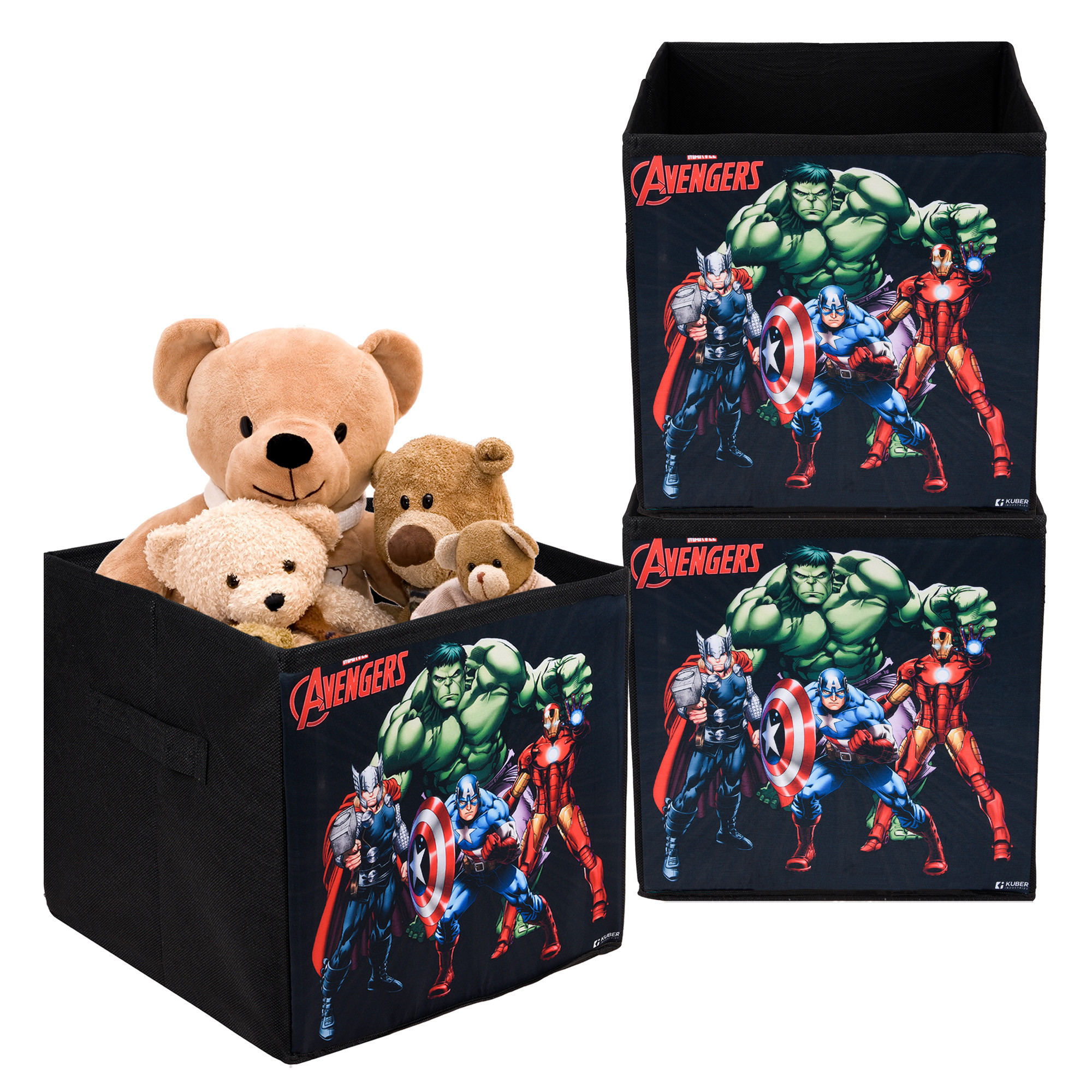 Kuber Industries Storage Box | Square Toy Storage Box | Wardrobe Organizer for Clothes-Books-Toys-Stationary | Drawer Organizer Box with Handle | Marvel Avengers | Black