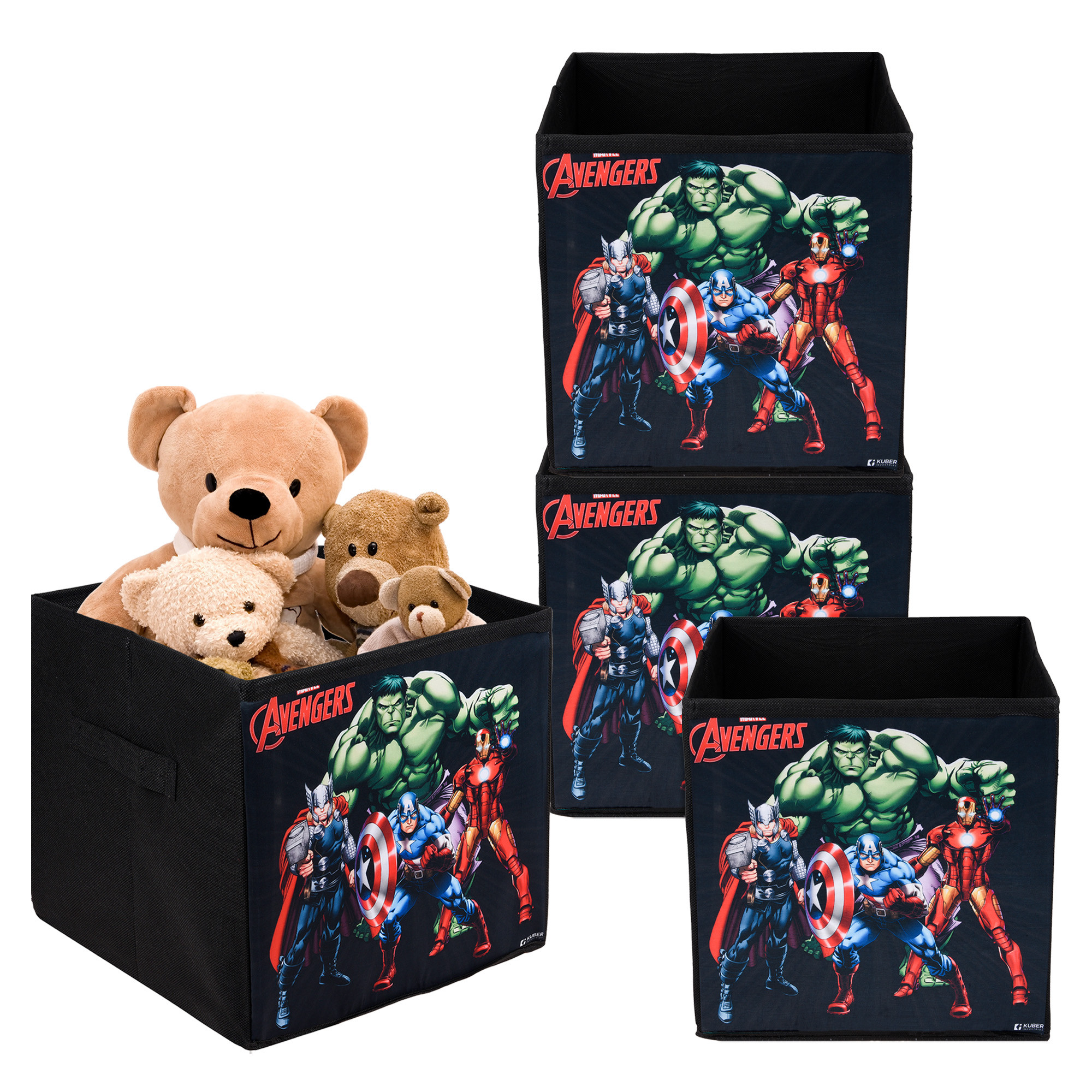 Kuber Industries Storage Box | Square Toy Storage Box | Wardrobe Organizer for Clothes-Books-Toys-Stationary | Drawer Organizer Box with Handle | Marvel Avengers | Black