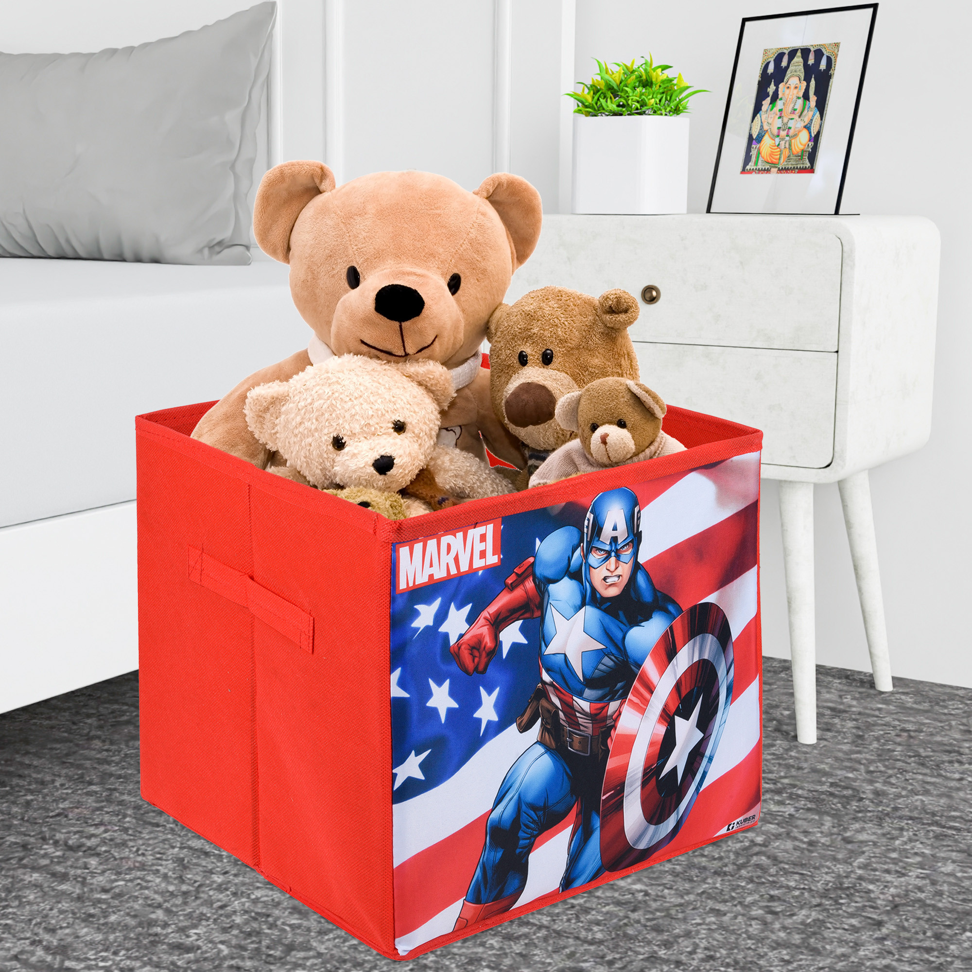 Kuber Industries Storage Box | Square Toy Storage Box | Wardrobe Organizer for Clothes-Books-Toys-Stationary | Drawer Organizer Box with Handle | Marvel Captain America | Red