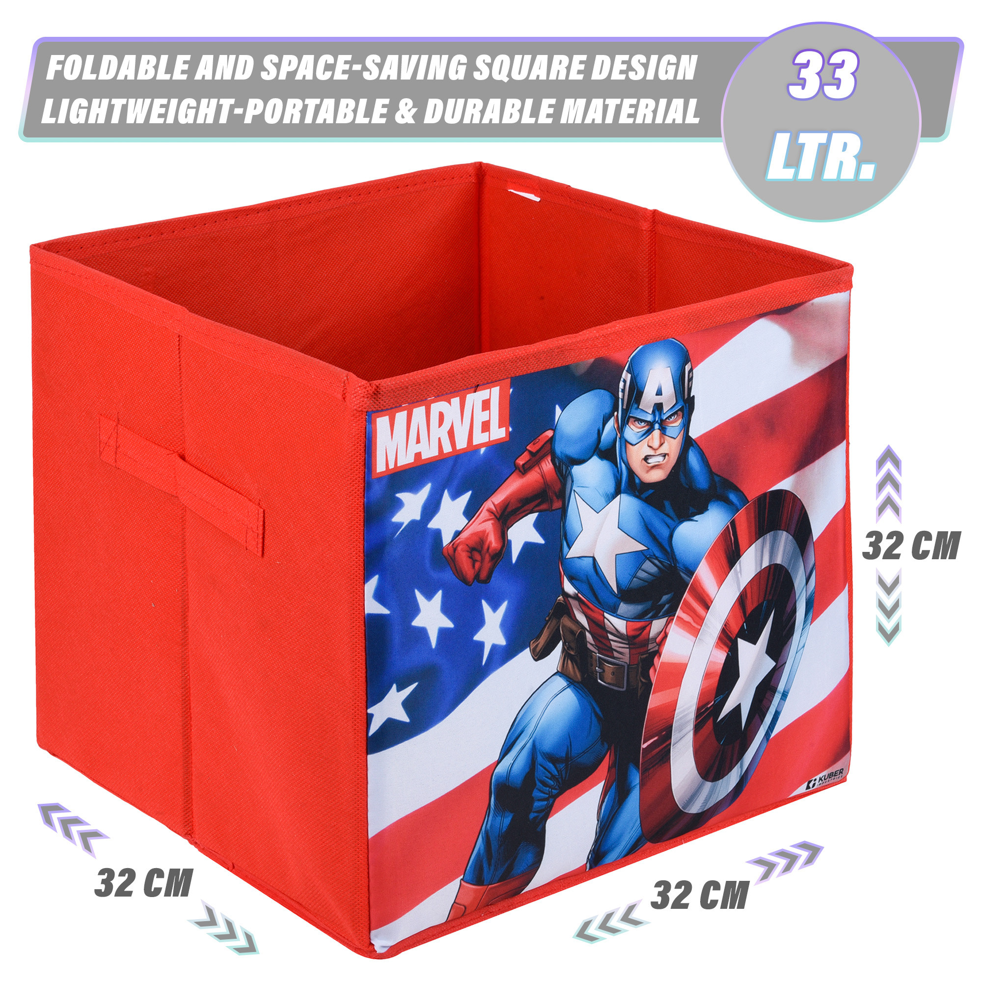 Kuber Industries Storage Box | Square Toy Storage Box | Wardrobe Organizer for Clothes-Books-Toys-Stationary | Drawer Organizer Box with Handle | Marvel Captain America | Red