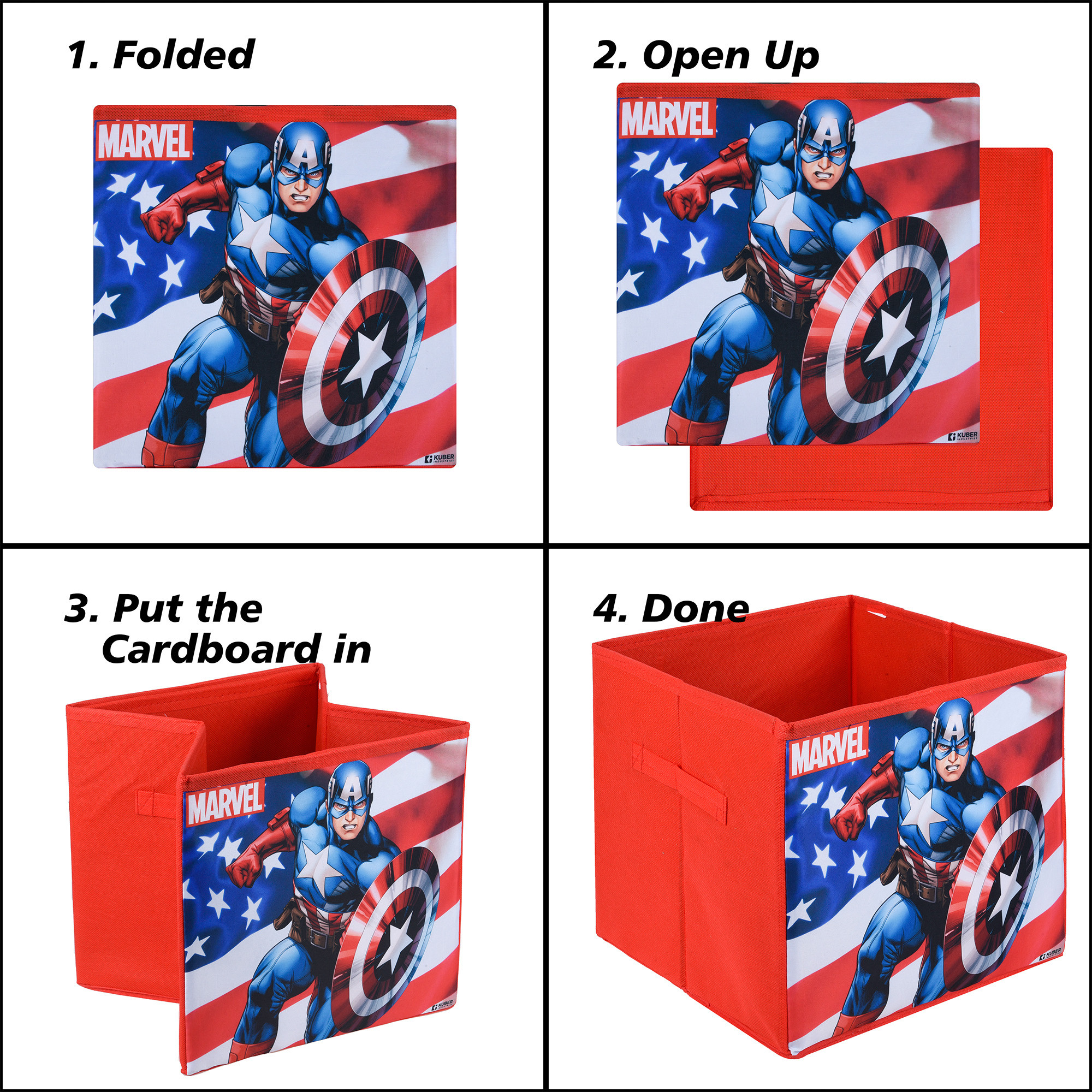 Kuber Industries Storage Box | Square Toy Storage Box | Wardrobe Organizer for Clothes-Books-Toys-Stationary | Drawer Organizer Box with Handle | Marvel Captain America | Red