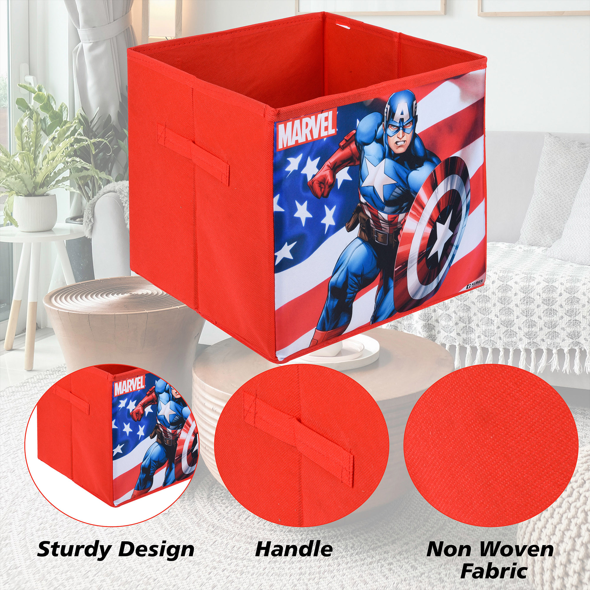 Kuber Industries Storage Box | Square Toy Storage Box | Wardrobe Organizer for Clothes-Books-Toys-Stationary | Drawer Organizer Box with Handle | Marvel Captain America | Red