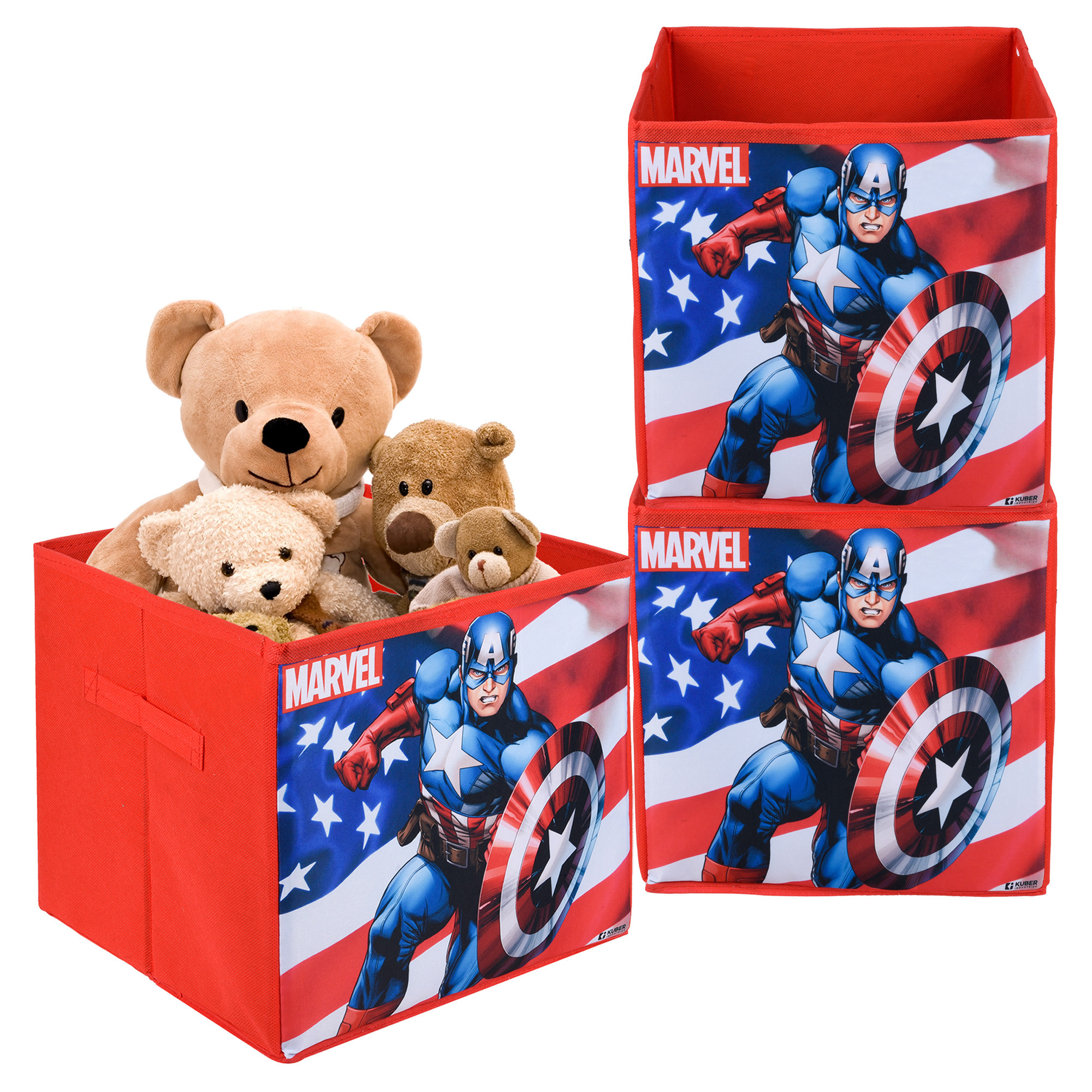 Kuber Industries Storage Box | Square Toy Storage Box | Wardrobe Organizer for Clothes-Books-Toys-Stationary | Drawer Organizer Box with Handle | Marvel Captain America | Red