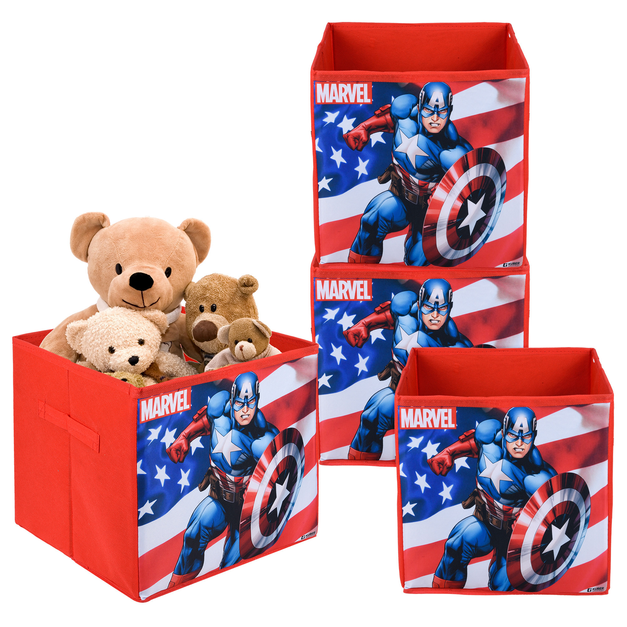 Kuber Industries Storage Box | Square Toy Storage Box | Wardrobe Organizer for Clothes-Books-Toys-Stationary | Drawer Organizer Box with Handle | Marvel Captain America | Red