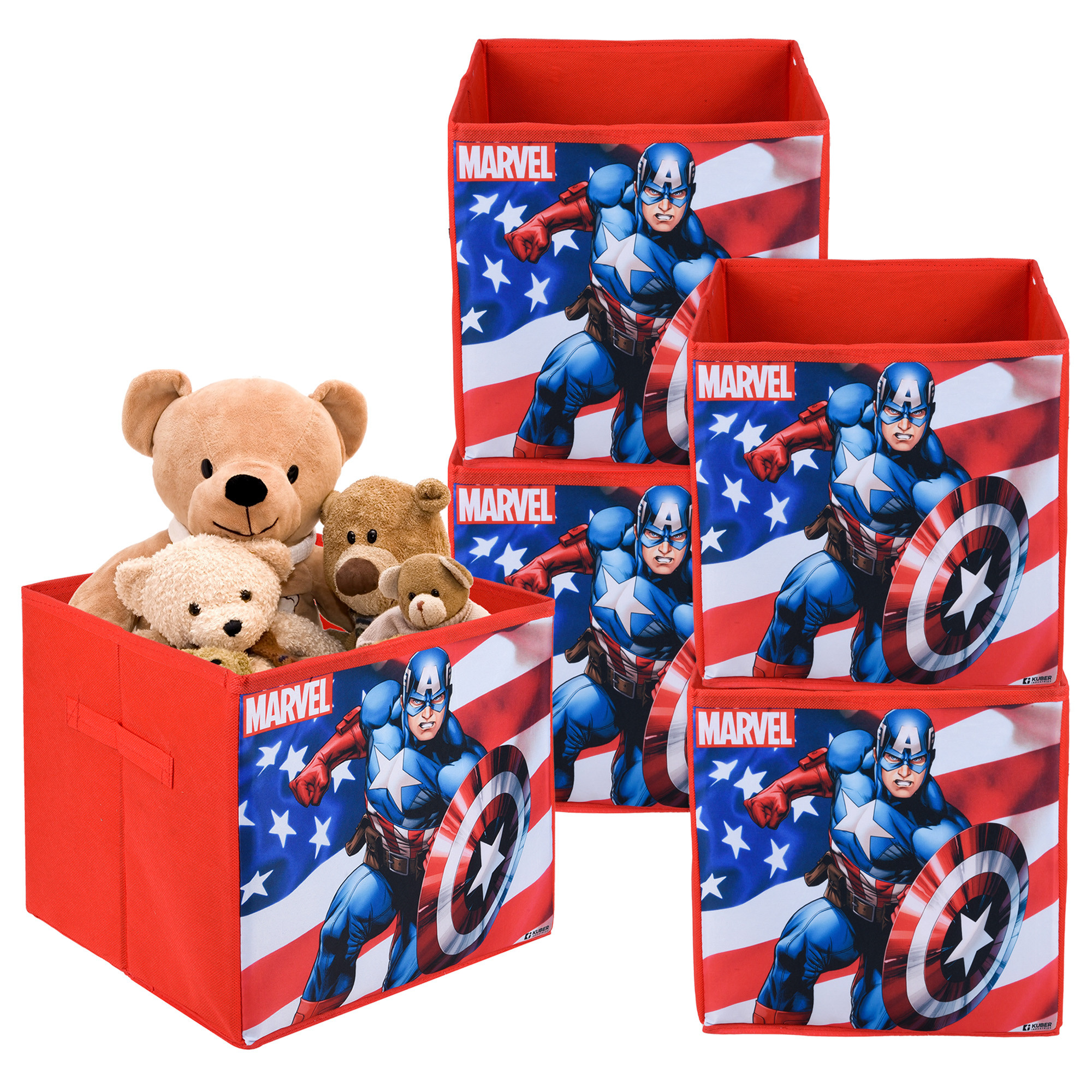 Kuber Industries Storage Box | Square Toy Storage Box | Wardrobe Organizer for Clothes-Books-Toys-Stationary | Drawer Organizer Box with Handle | Marvel Captain America | Red