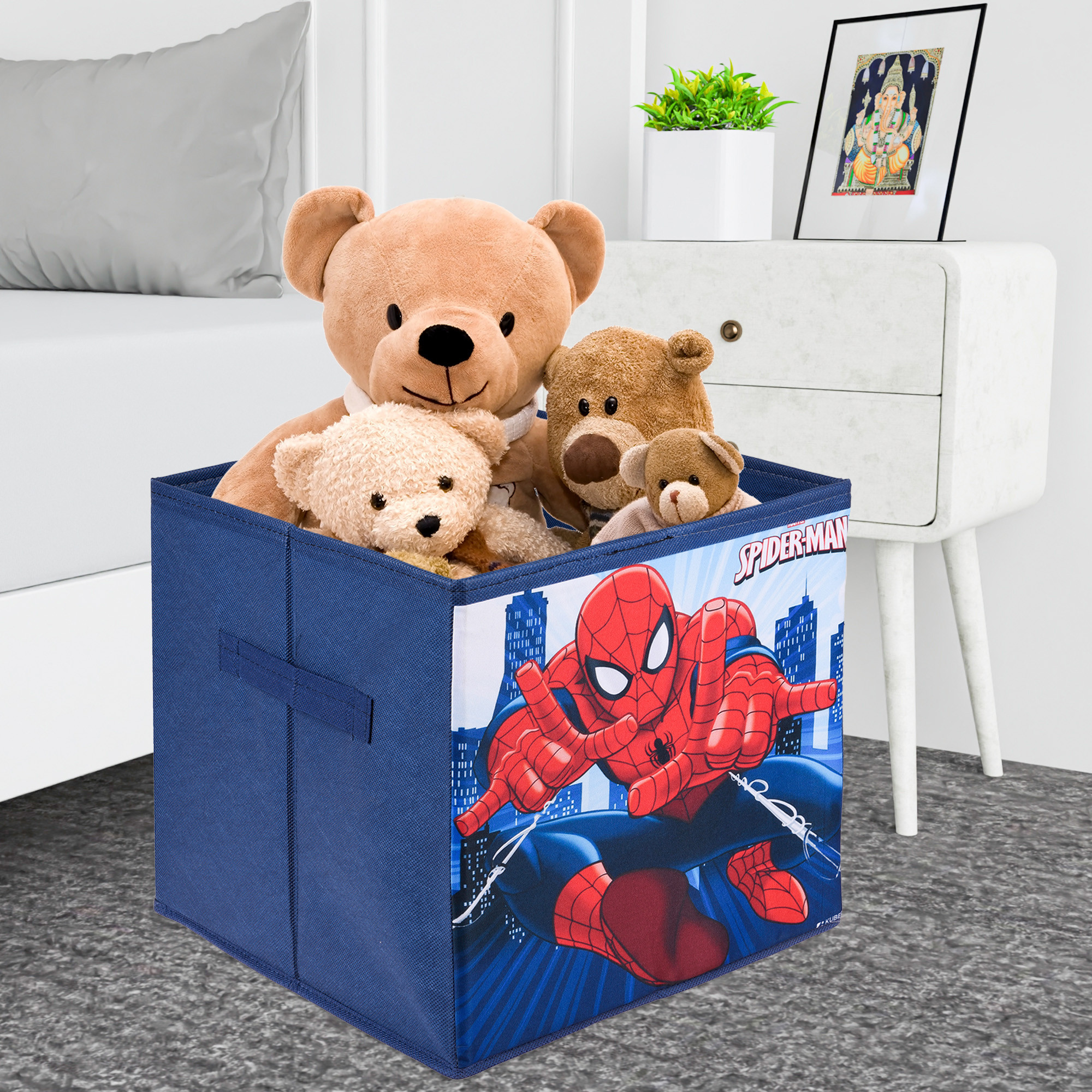 Kuber Industries Storage Box  Square Toy Storage Box  Wardrobe Organizer for Clothes-Books-Toys-Stationary  Drawer Organizer Box with Handle  Marvel Spiderman  Navy Blue