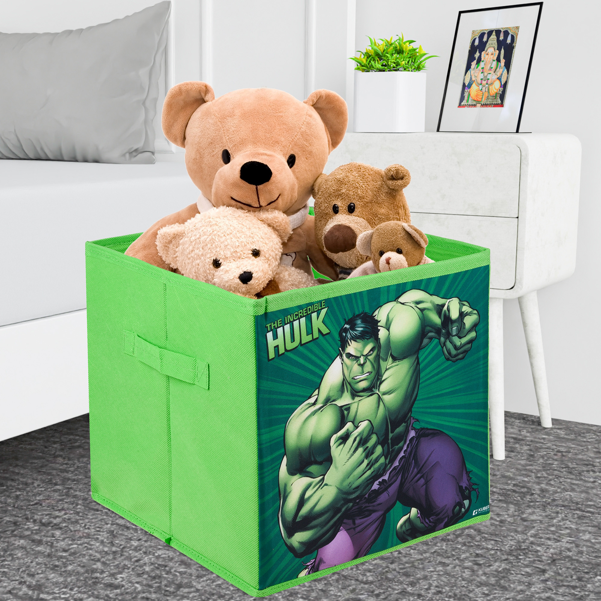 Kuber Industries Storage Box | Square Toy Storage Box | Wardrobe Organizer for Clothes-Books-Toys-Stationary | Drawer Organizer Box with Handle | Marvel Hulk | Green